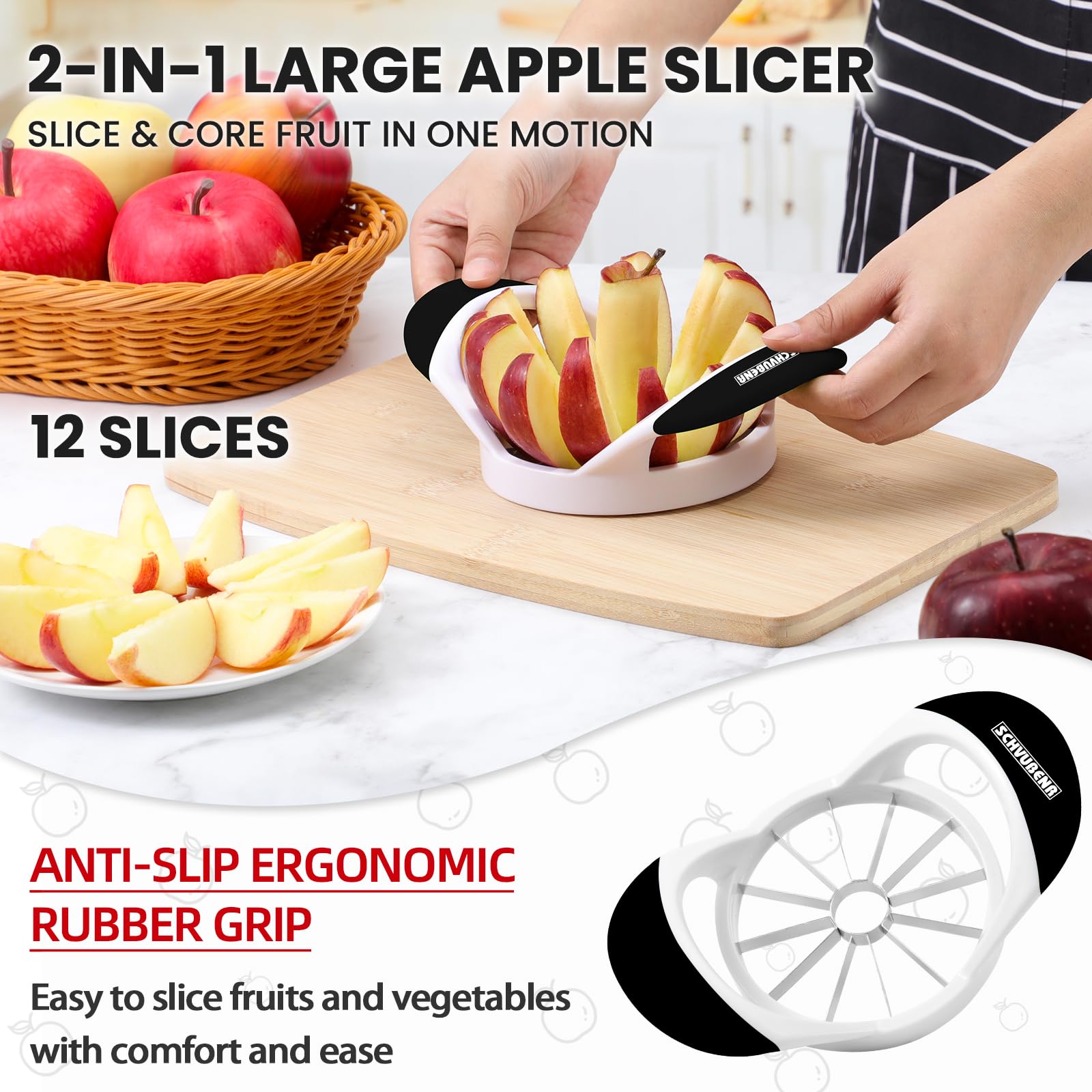 SCHVUBENR 4.72 Inch Large Apple Slicer with 12 Blades - Professional Apple Cutter - Stainless Steel Apple Corer - Sharp Apple Slicer and Corer - Apple Corer Tool - Dishwasher Safe(Black)