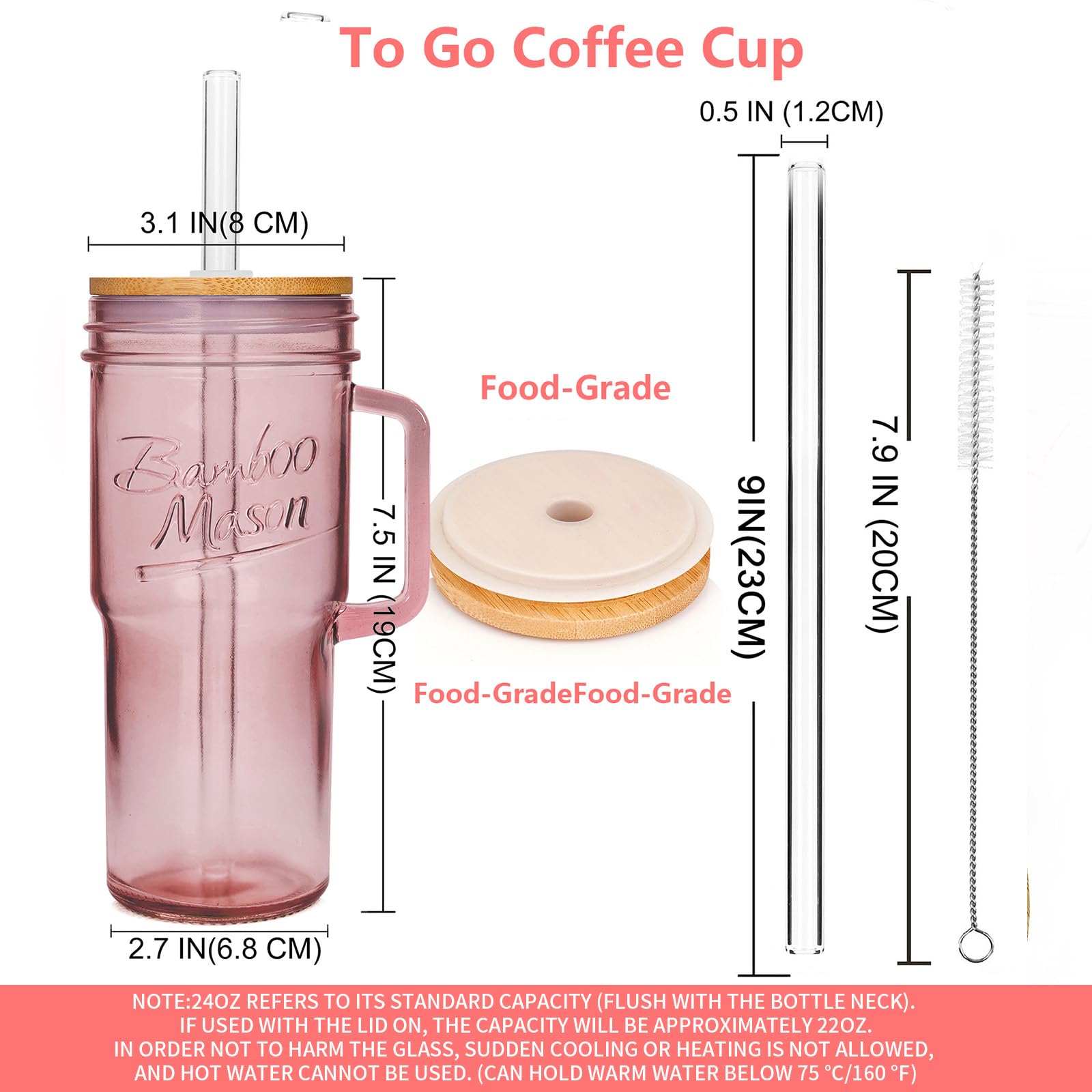 ANOTION Glass Cups with Lids and Straws - 40 Oz Tumbler with Handle and Straw Glass Water Bottles Drinking Glasses with Straws Iced Coffee Cups Travel Coffee Mug Smoothie Tumbler