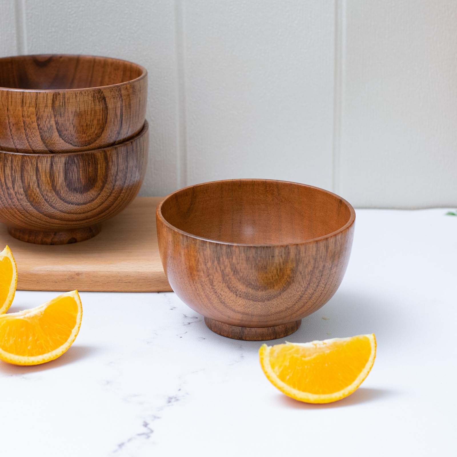 Handmade Wood Bowl, Mug, for Rice, Soup, Dip, Coffee, Tea, Decoration (4PCS Jujube Bowls, M: 4.5'' Dia x 2.6'' High)