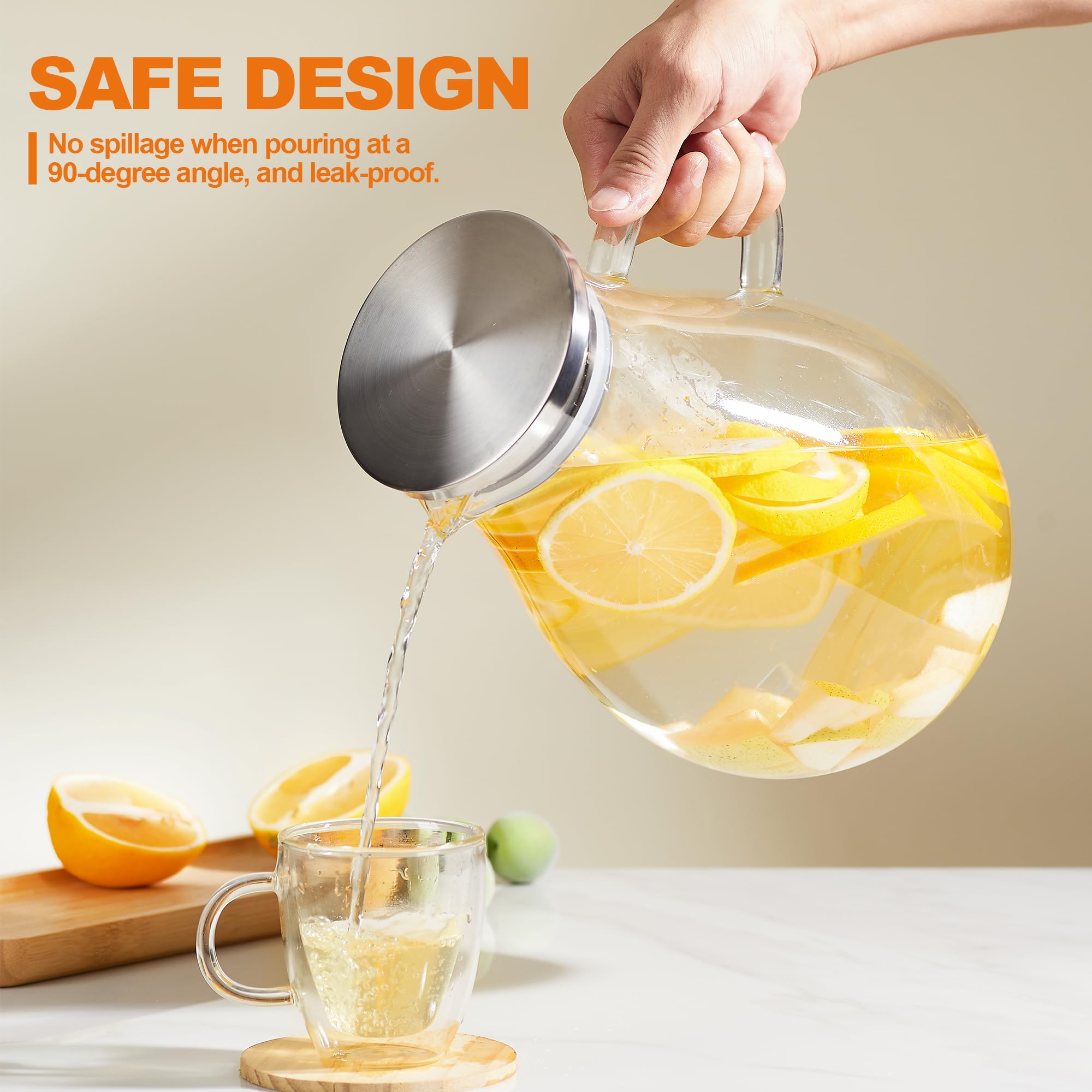 Set of 2 Glass Pitcher with Lid,2 Quart (64 oz / 1.9 Liter) Leak Proof,Glass Water Jugs, BPA-Free,Microwave & Dishwasher Safe Pitcher,Sun & Iced Tea, Sangria,Cold Brew Coffee & More