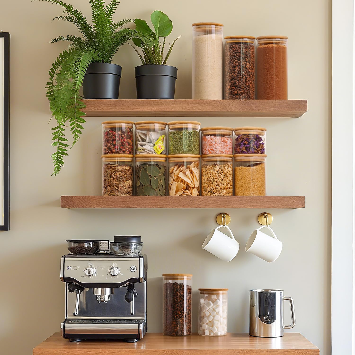 ComSaf 1 Qt Glass Storage Containers with Lids, Glass Jars with Lids, Clear Food Storage Jar, Round Canister Set of 6, Pantry Organizers for Cookie Pasta Flour Rice Tea Coffee Bean