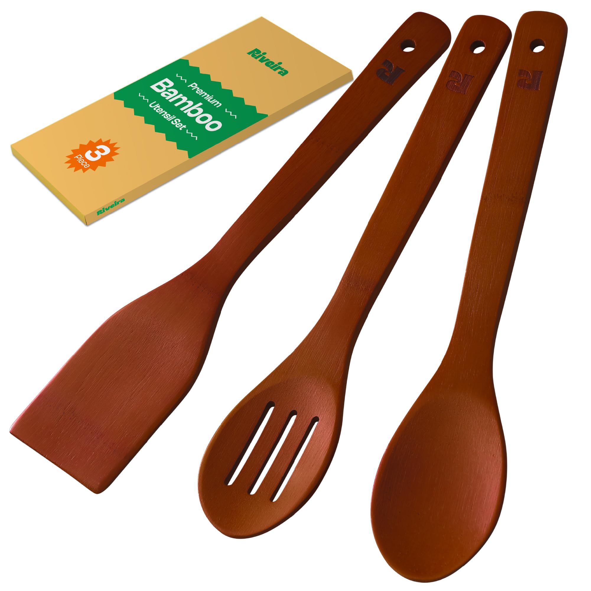 Riveira Premium Brown Bamboo Wooden Spoons for Cooking Set of 9 – Premium Brown Bamboo Wooden Cooking Utensils, Wooden Spatula, Wooden Spoon - Premium Quality Wooden Utensil Set for Non-Toxic Cooking