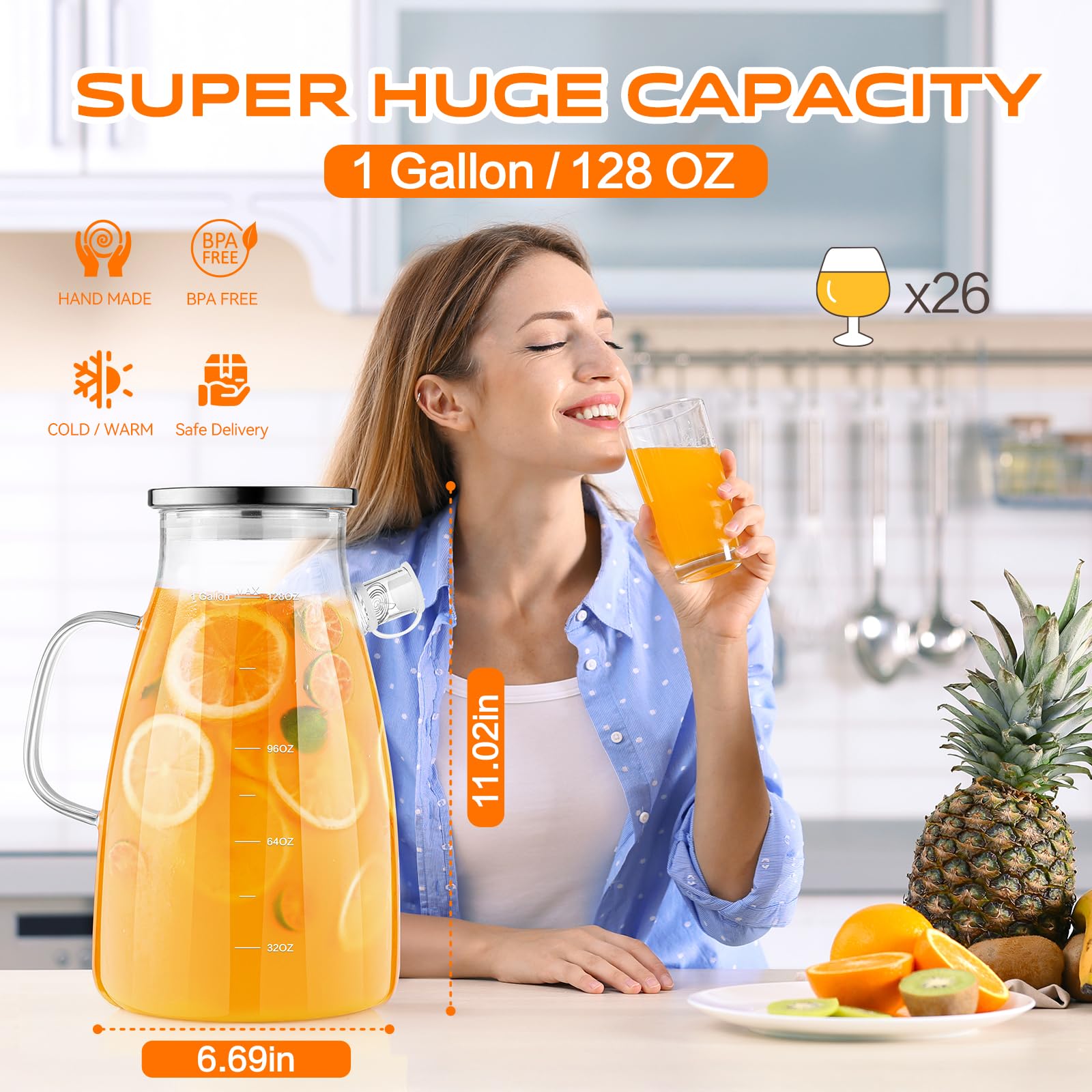 1 Gallon 128oz Glass Pitcher, Water Pitcher with Lid and Spout, Glass Carafe for Hot/Cold Drink, Water Jug for Iced Tea, Coffee, Juice, Milk, Beverage (Extra-Wide Mouth)