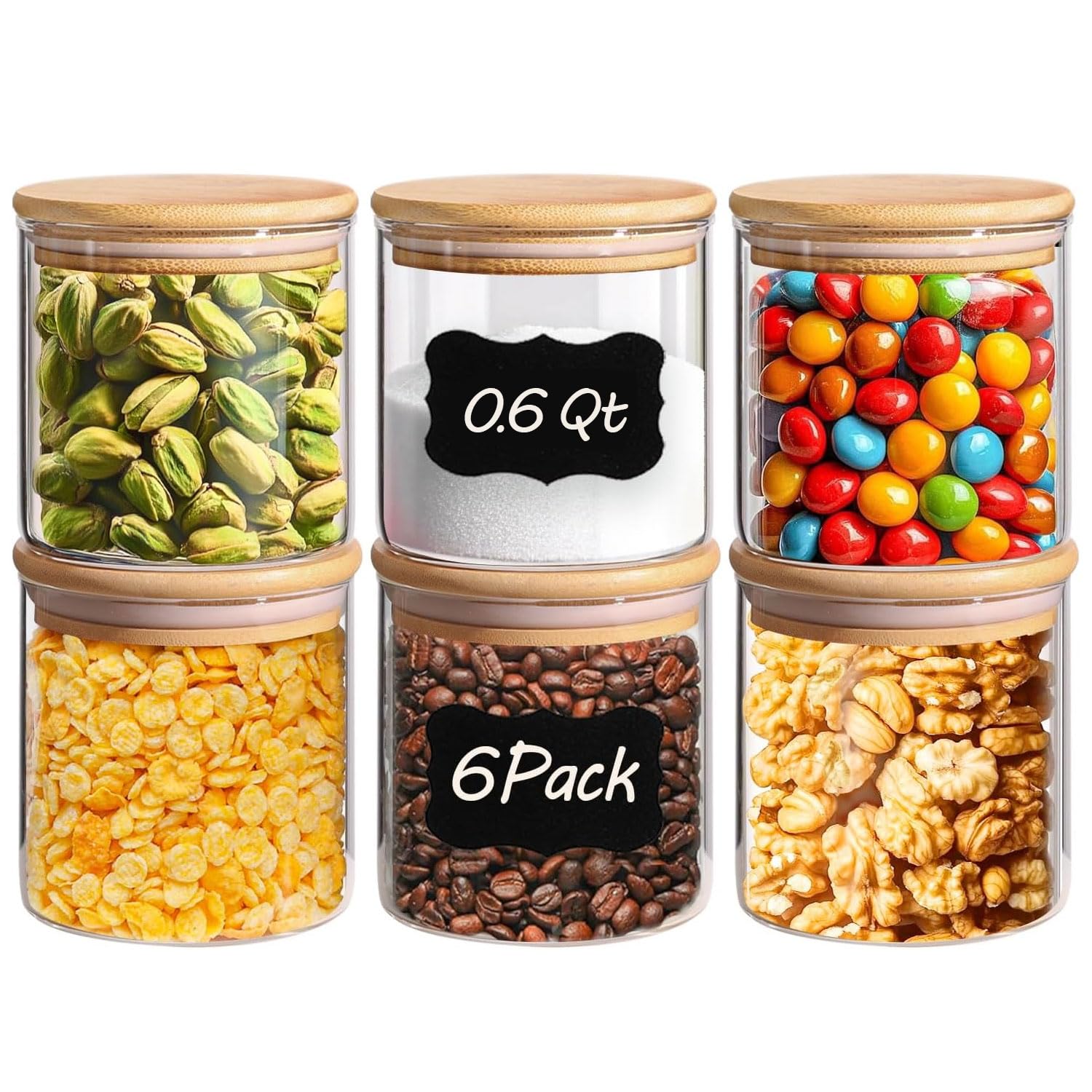 ComSaf 1 Qt Glass Storage Containers with Lids, Glass Jars with Lids, Clear Food Storage Jar, Round Canister Set of 6, Pantry Organizers for Cookie Pasta Flour Rice Tea Coffee Bean