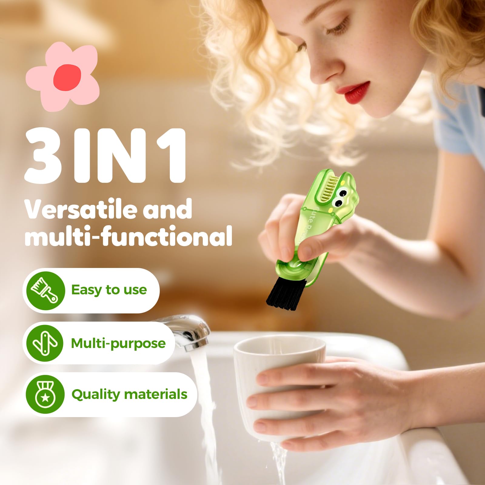 3 in 1 Cup Lid Cleaning Brush, 2024 Multifunctional Crevice Portable Cup Lid Cleaning Brush for Bottle Gap Tight Spaces Cup (B-Green)