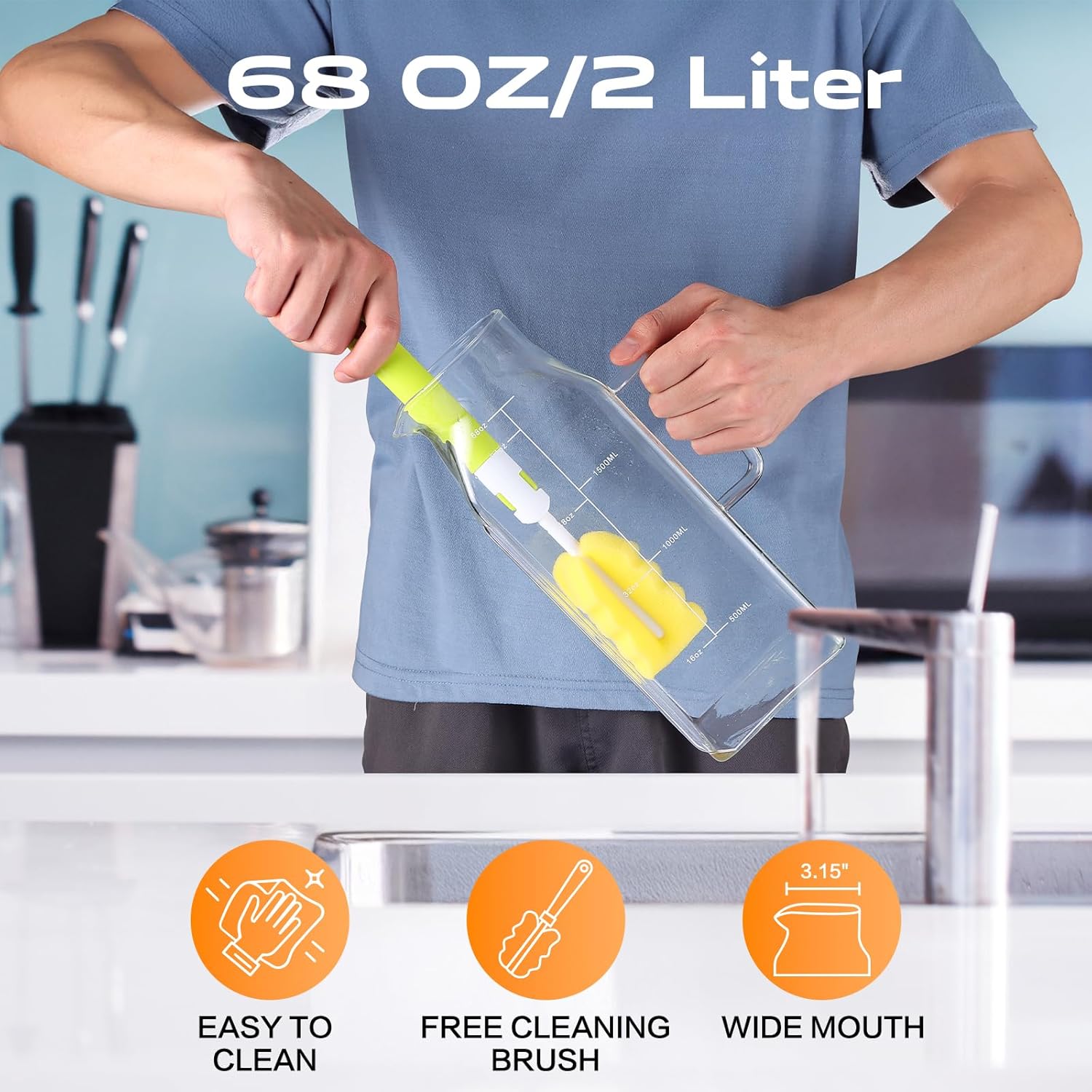 Aofmee 68oz Glass Pitcher for Fridge Door, 2 Liter Square Water Pitcher with Lid and Scale Line, Heat Resistant Tea Pitchers, Leak Proof Juice Jug, Borosilicate Glass Carafe for Hot/Cold Beverage