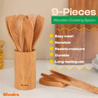 Riveira Premium Brown Bamboo Wooden Spoons for Cooking Set of 9 – Premium Brown Bamboo Wooden Cooking Utensils, Wooden Spatula, Wooden Spoon - Premium Quality Wooden Utensil Set for Non-Toxic Cooking