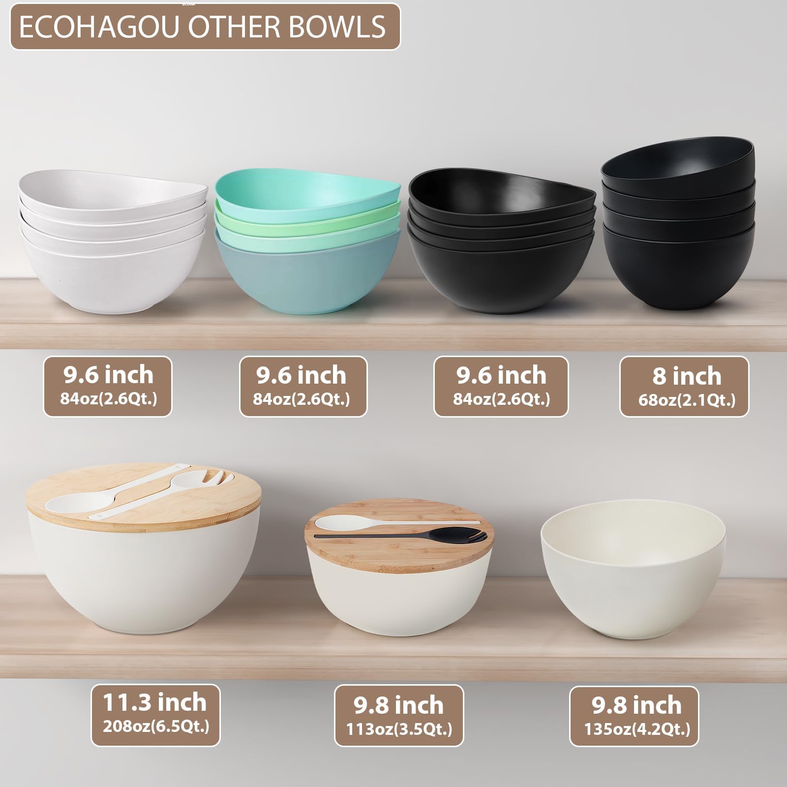 9.6'' Serving Bowls, 84oz Bamboo Fiber Salad Bowl Set of 4, Deep Serving Bowls Set, Large Oval Individual Bowls for Eating Salad/Pasta/Cereal/Pho, Ideal for Home & Restaurant (Matte White)