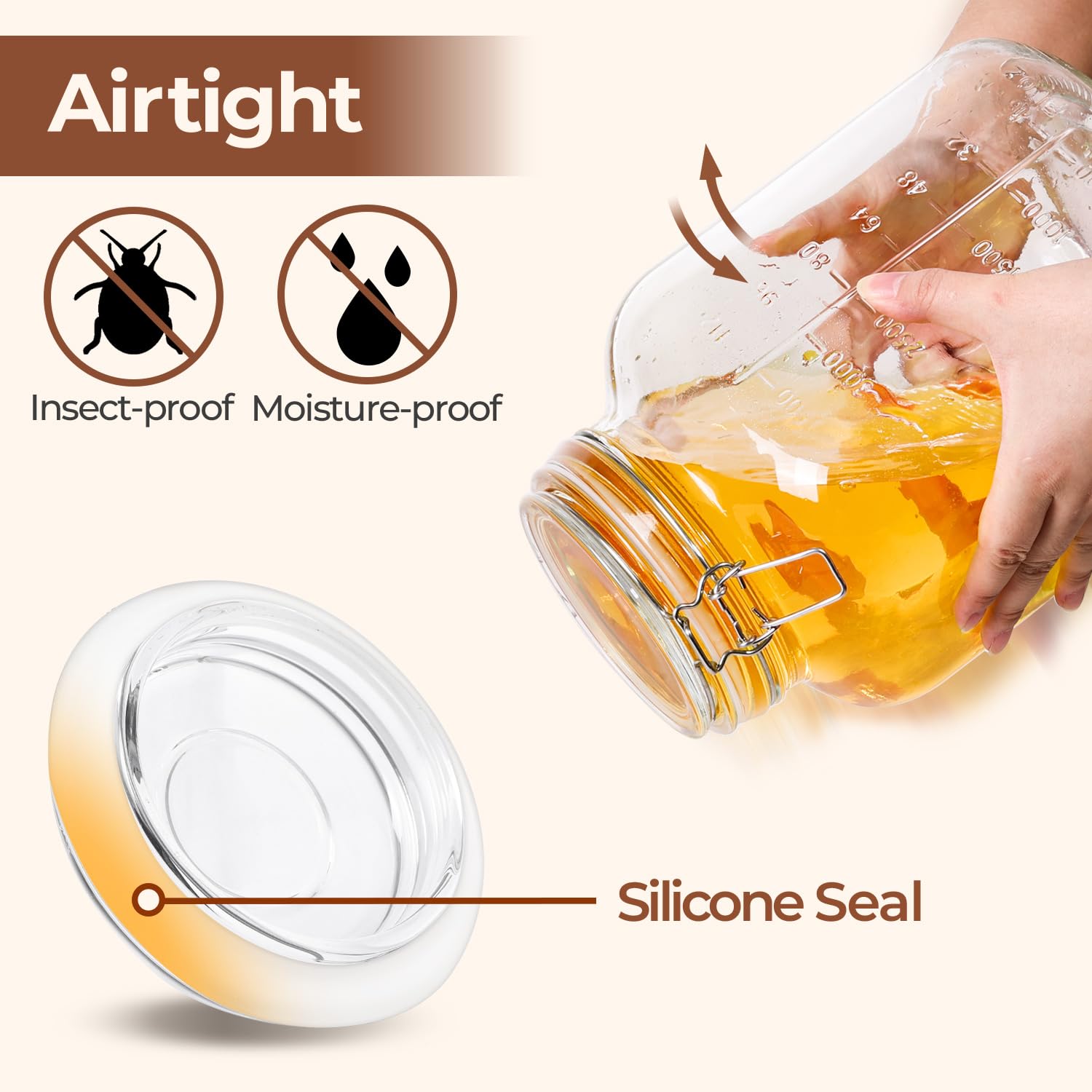 ComSaf Large Glass Jars with Lid 64 oz, Large Mason Jars Set of 3, Glass Canisters with Airtight Lids, Half Gallon Canning Jar with Seal Wire Clip Fastening for Kitchen, Pickle, Flour, Sugar, Cereal