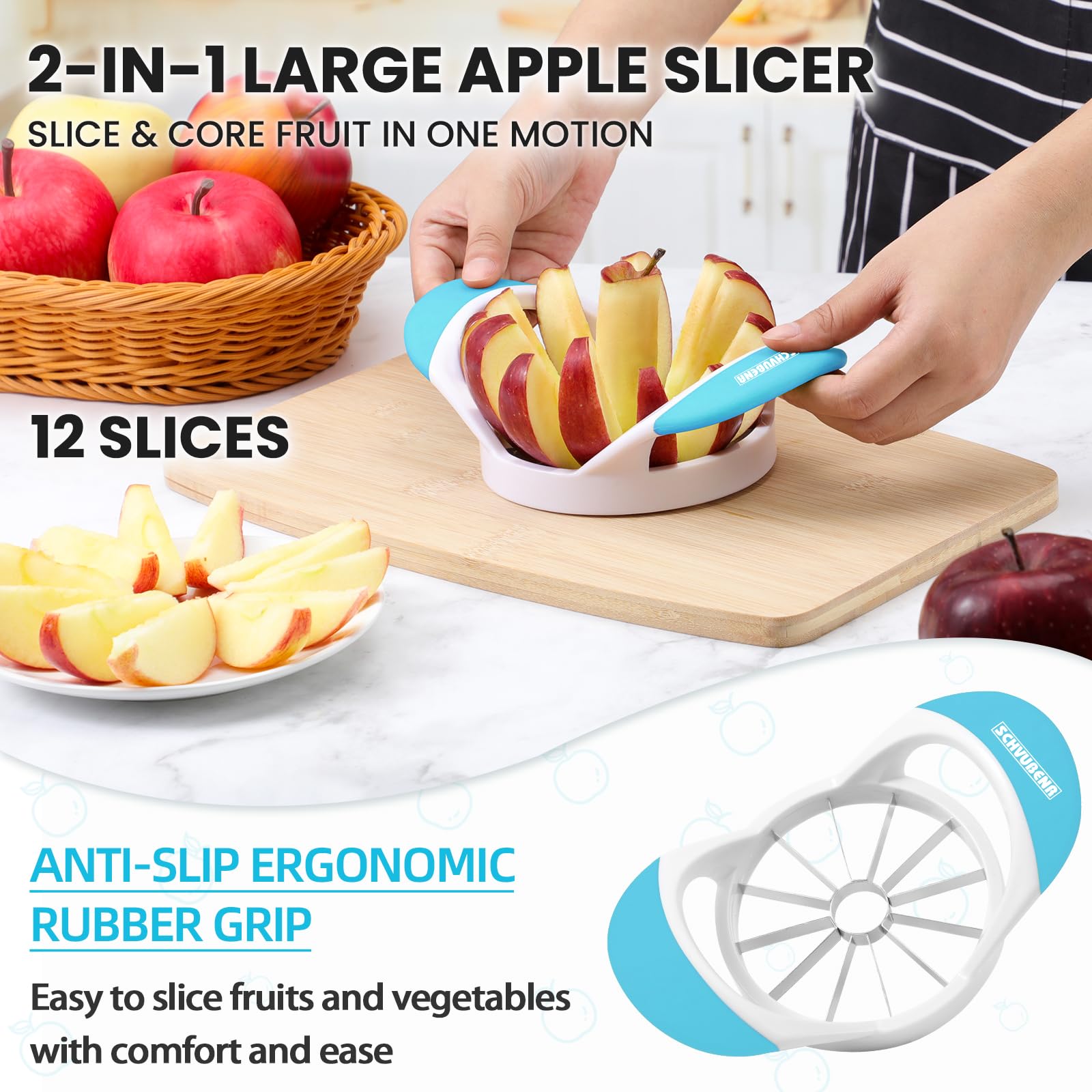 SCHVUBENR 4.72 Inch Large Apple Slicer with 12 Blades - Professional Apple Cutter - Stainless Steel Apple Corer - Sharp Apple Slicer and Corer - Apple Corer Tool - Dishwasher Safe(Black)