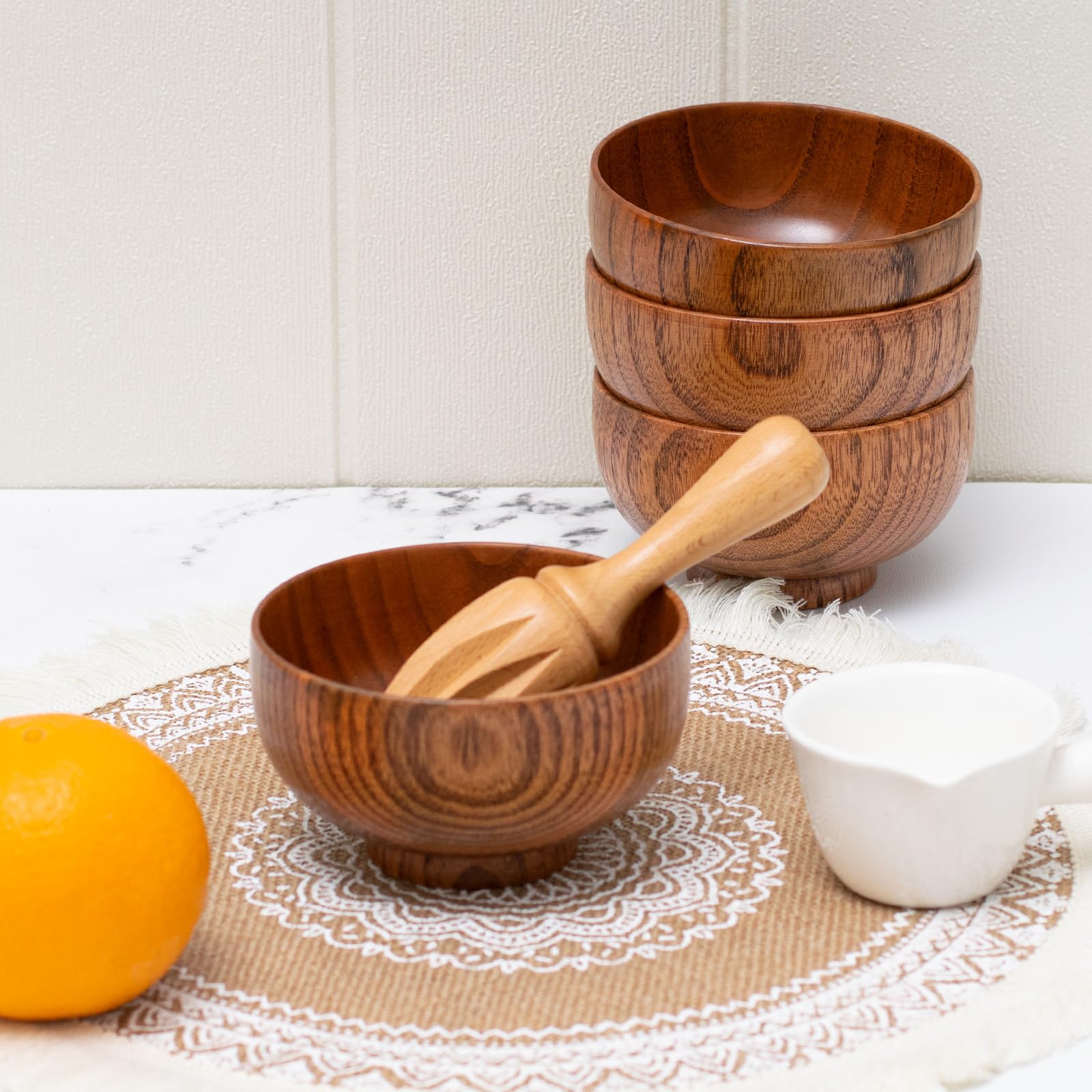 Handmade Wood Bowl, Mug, for Rice, Soup, Dip, Coffee, Tea, Decoration (4PCS Jujube Bowls, M: 4.5'' Dia x 2.6'' High)