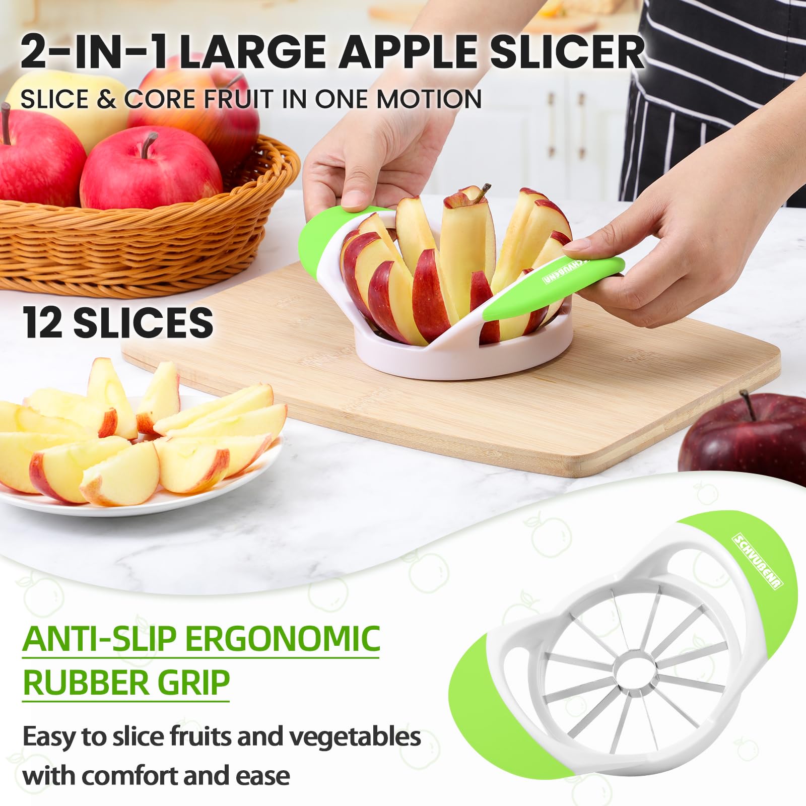 SCHVUBENR 4.72 Inch Large Apple Slicer with 12 Blades - Professional Apple Cutter - Stainless Steel Apple Corer - Sharp Apple Slicer and Corer - Apple Corer Tool - Dishwasher Safe(Black)