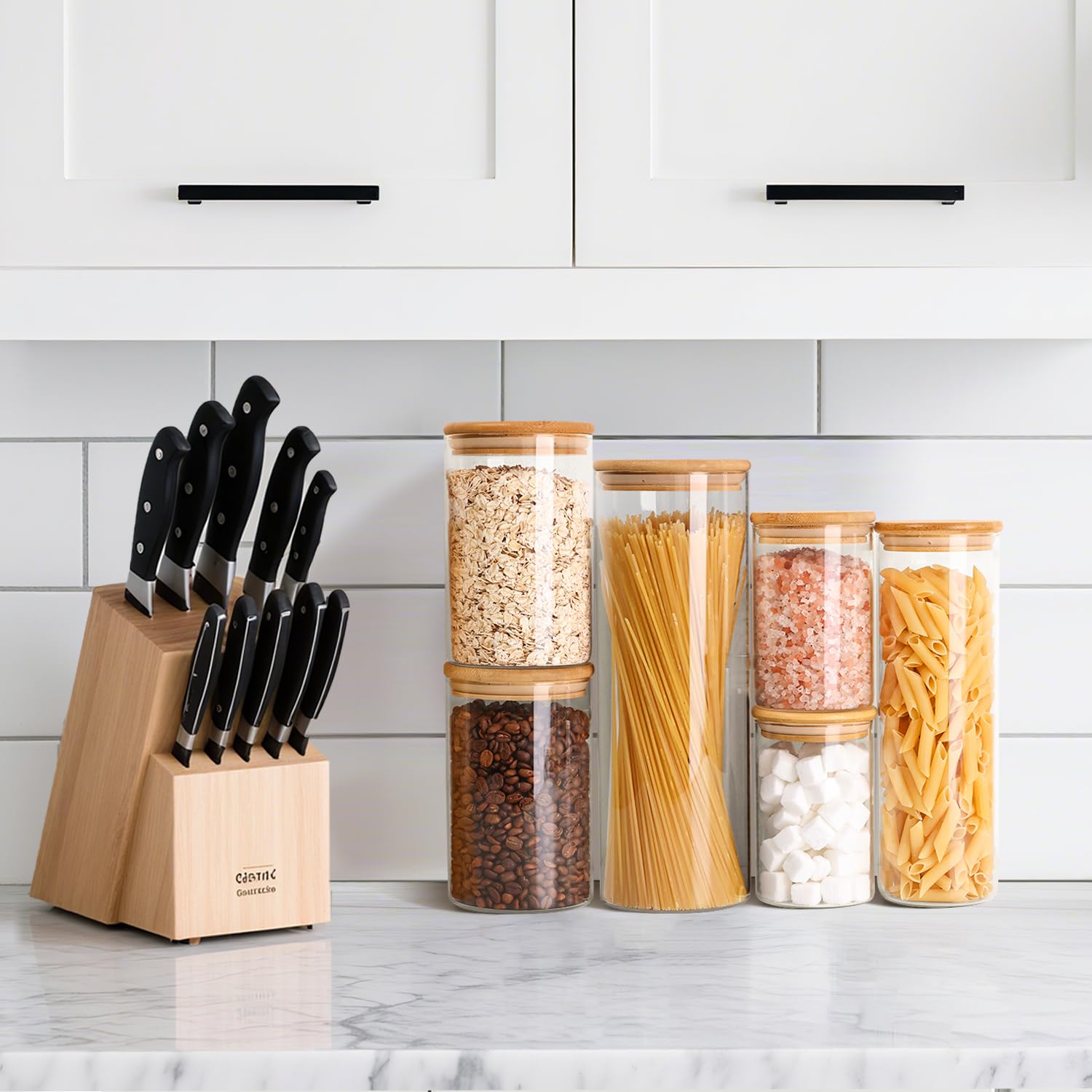 ComSaf 1 Qt Glass Storage Containers with Lids, Glass Jars with Lids, Clear Food Storage Jar, Round Canister Set of 6, Pantry Organizers for Cookie Pasta Flour Rice Tea Coffee Bean