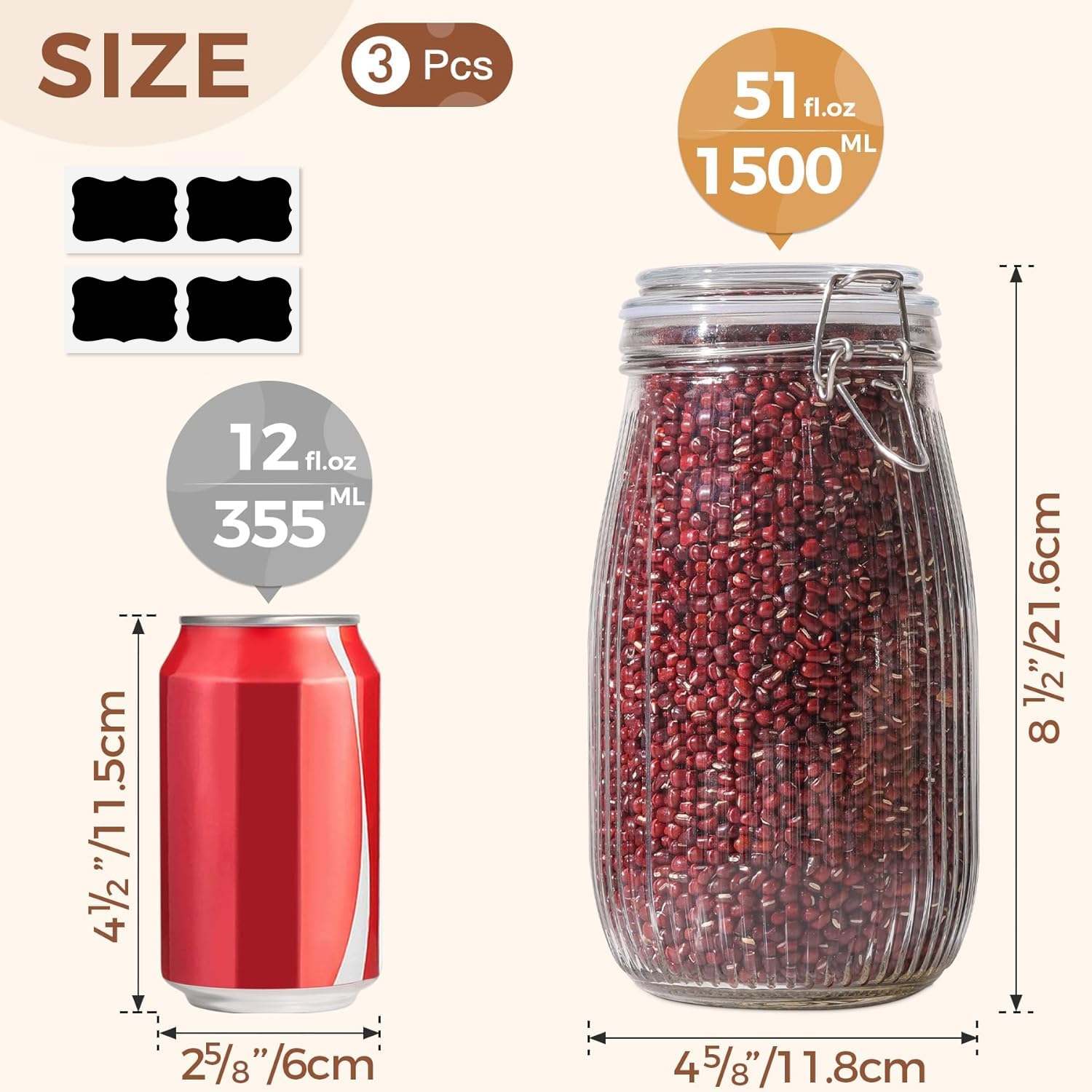 ComSaf Large Glass Jars with Lid 64 oz, Large Mason Jars Set of 3, Glass Canisters with Airtight Lids, Half Gallon Canning Jar with Seal Wire Clip Fastening for Kitchen, Pickle, Flour, Sugar, Cereal