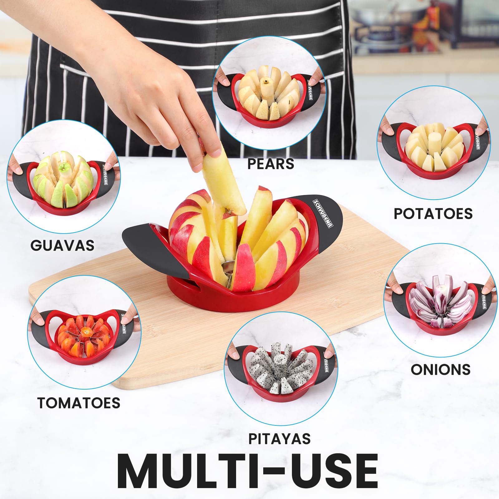 SCHVUBENR 4.72 Inch Large Apple Slicer with 12 Blades - Professional Apple Cutter - Stainless Steel Apple Corer - Sharp Apple Slicer and Corer - Apple Corer Tool - Dishwasher Safe(Black)