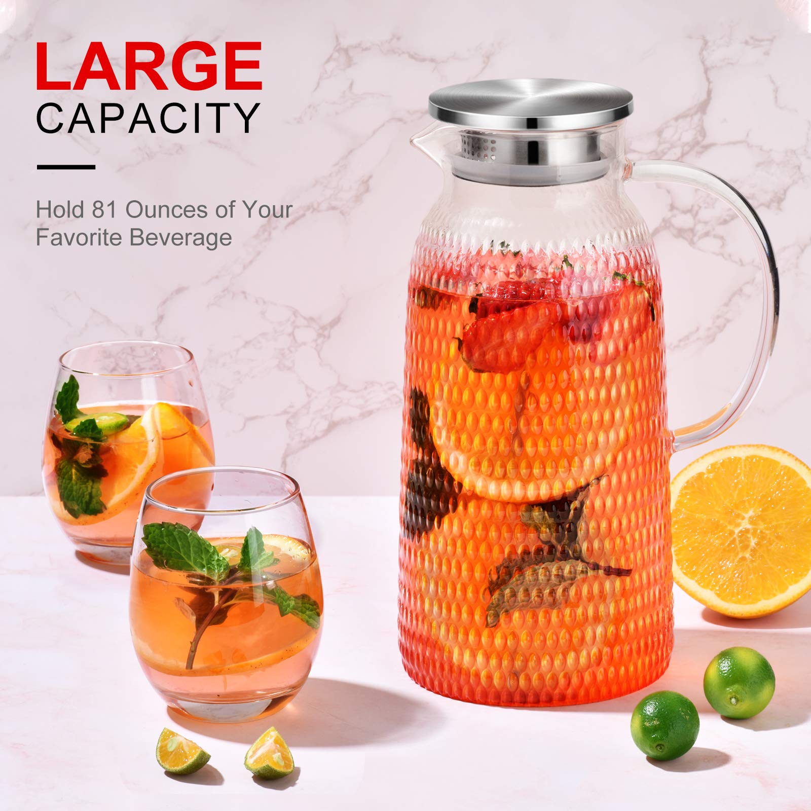 1 Gallon 128oz Glass Pitcher, Water Pitcher with Lid and Spout, Glass Carafe for Hot/Cold Drink, Water Jug for Iced Tea, Coffee, Juice, Milk, Beverage (Extra-Wide Mouth)