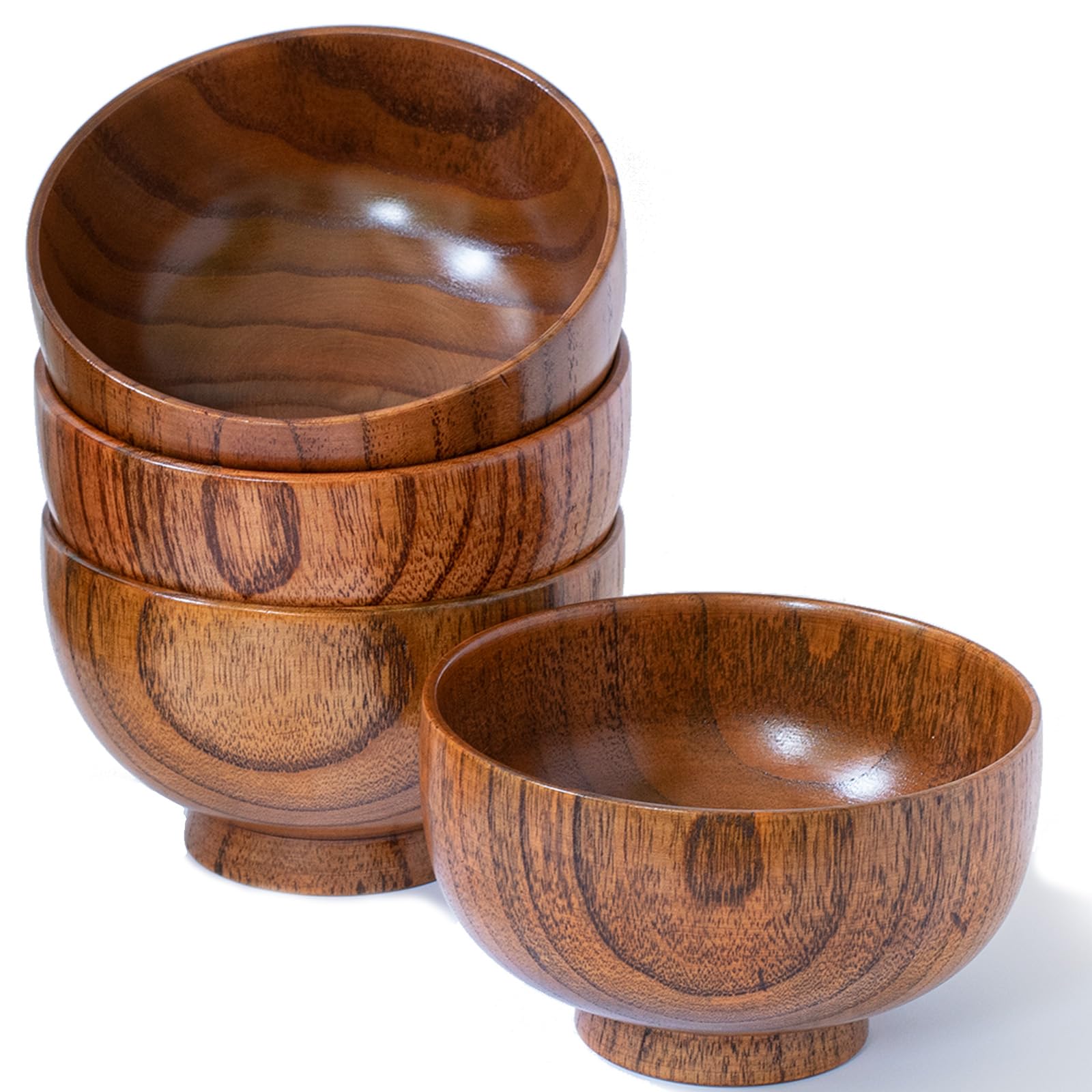 Handmade Wood Bowl, Mug, for Rice, Soup, Dip, Coffee, Tea, Decoration (4PCS Jujube Bowls, M: 4.5'' Dia x 2.6'' High)