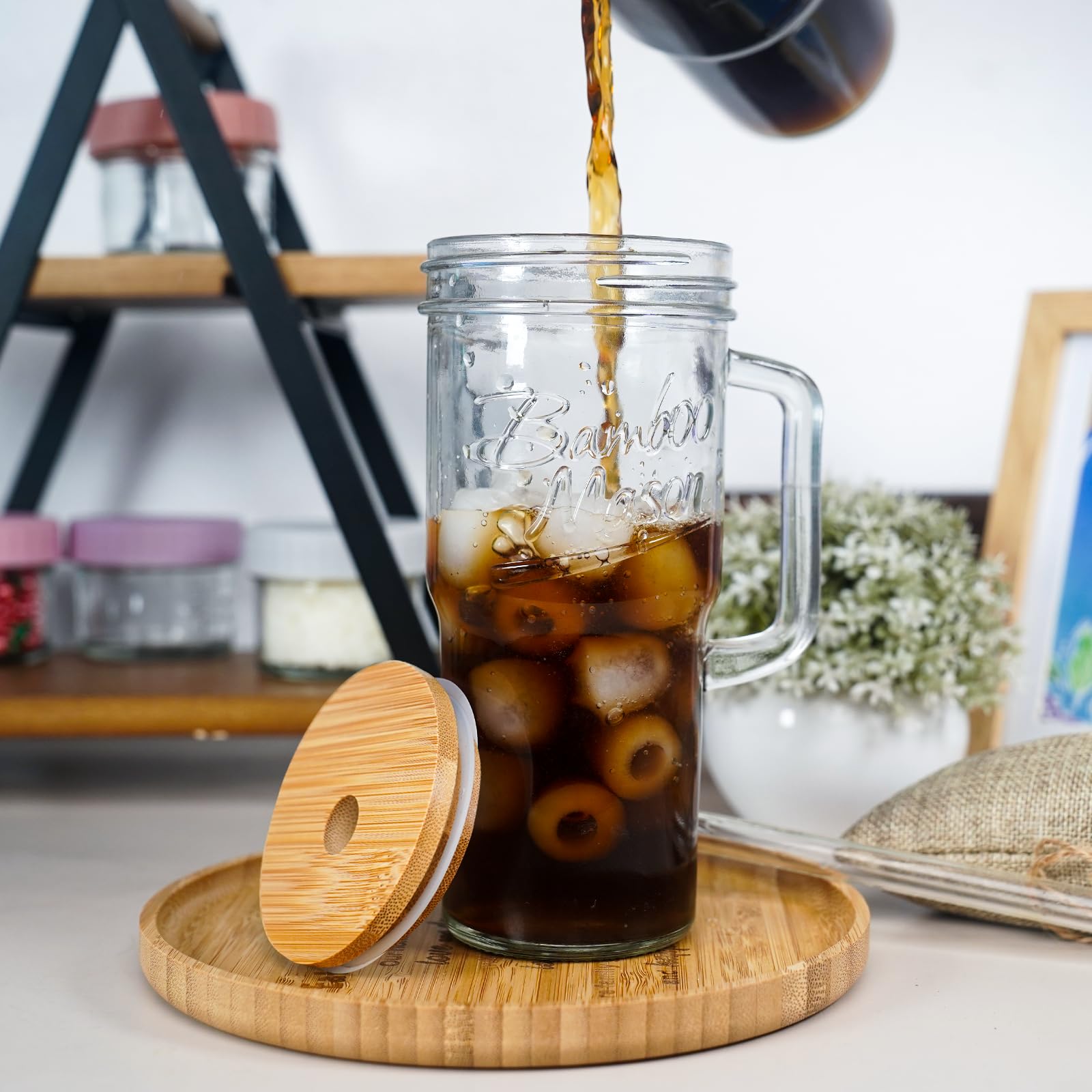 ANOTION Glass Cups with Lids and Straws - 40 Oz Tumbler with Handle and Straw Glass Water Bottles Drinking Glasses with Straws Iced Coffee Cups Travel Coffee Mug Smoothie Tumbler