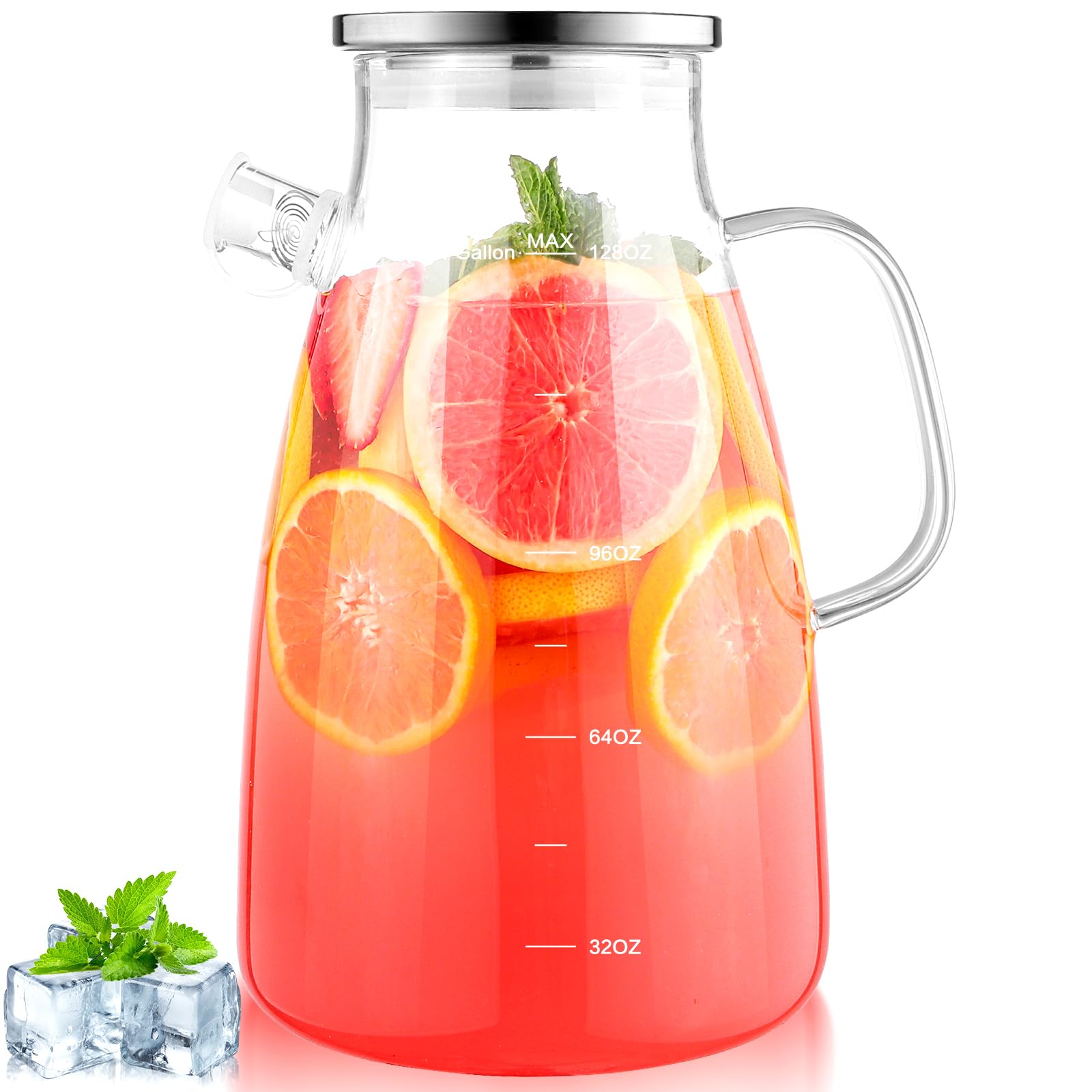 1 Gallon 128oz Glass Pitcher, Water Pitcher with Lid and Spout, Glass Carafe for Hot/Cold Drink, Water Jug for Iced Tea, Coffee, Juice, Milk, Beverage (Extra-Wide Mouth)