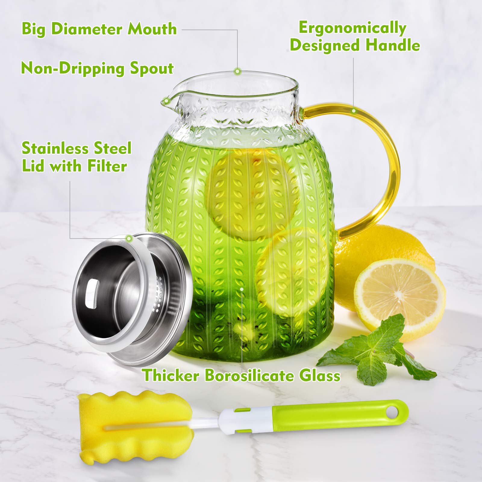 1 Gallon 128oz Glass Pitcher, Water Pitcher with Lid and Spout, Glass Carafe for Hot/Cold Drink, Water Jug for Iced Tea, Coffee, Juice, Milk, Beverage (Extra-Wide Mouth)