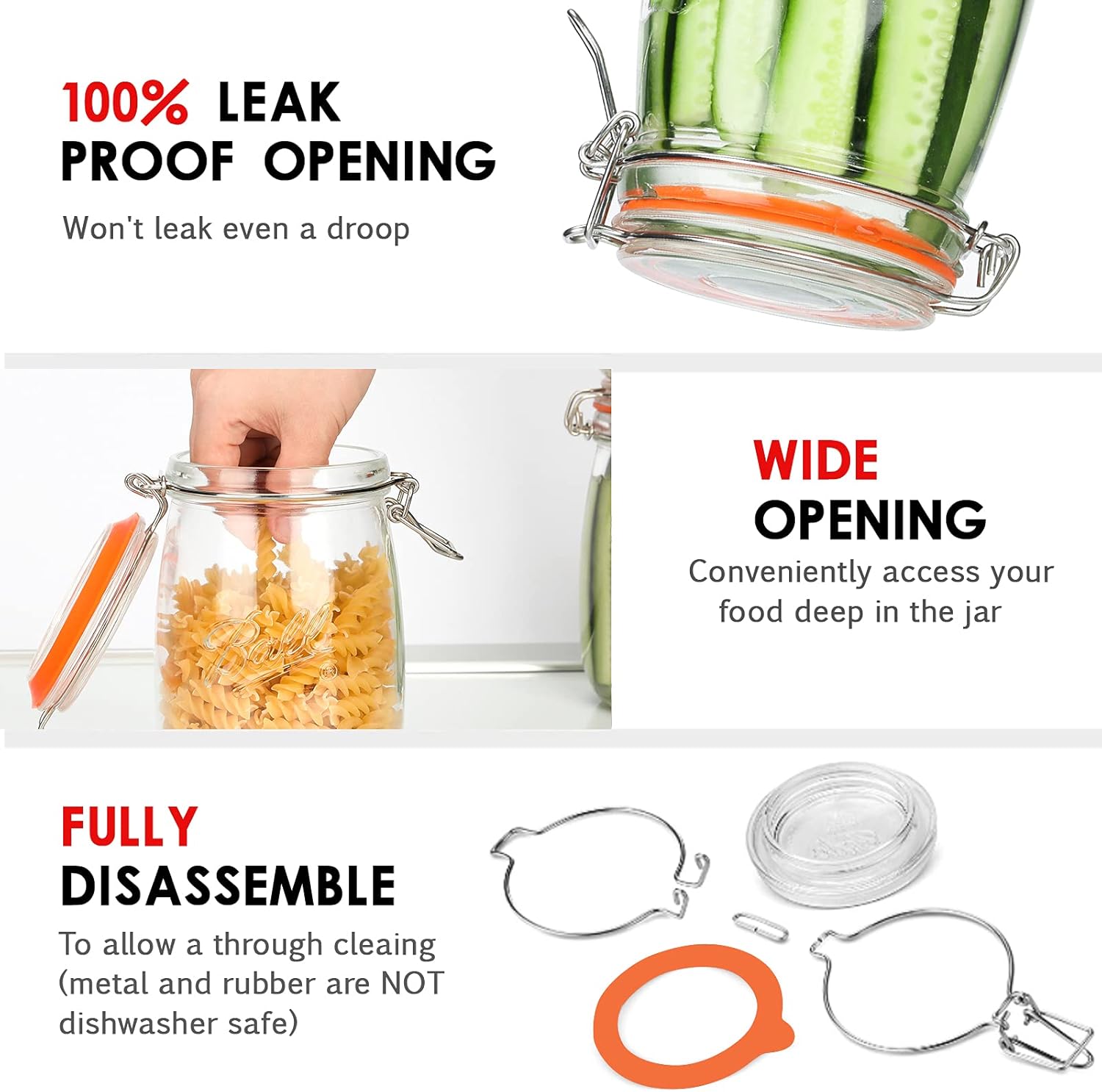 Wide Mouth Glass Jars with Airtight Lid 32OZ 4 Pack, Kitchen Storage Large Clear Canister Jars with Hinged Lid with Measurement Marks For Canning,Coffee,Flour,Sugar,Beans