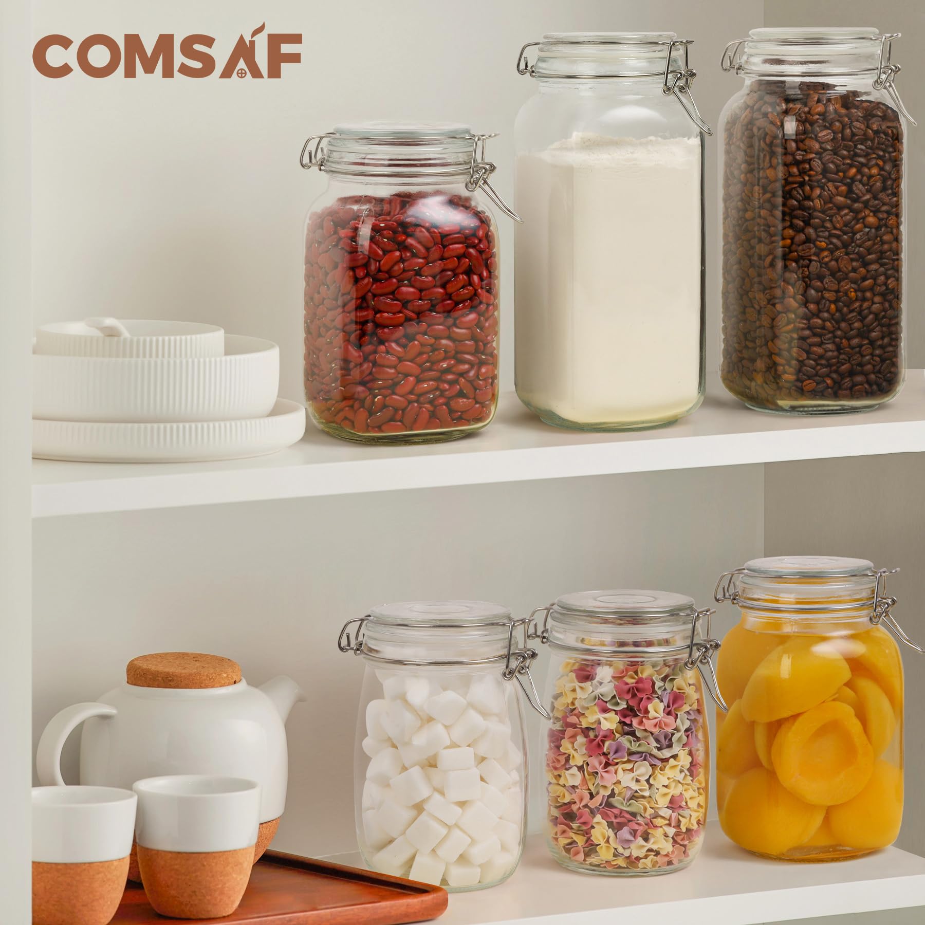 ComSaf Large Glass Jars with Lid 64 oz, Large Mason Jars Set of 3, Glass Canisters with Airtight Lids, Half Gallon Canning Jar with Seal Wire Clip Fastening for Kitchen, Pickle, Flour, Sugar, Cereal