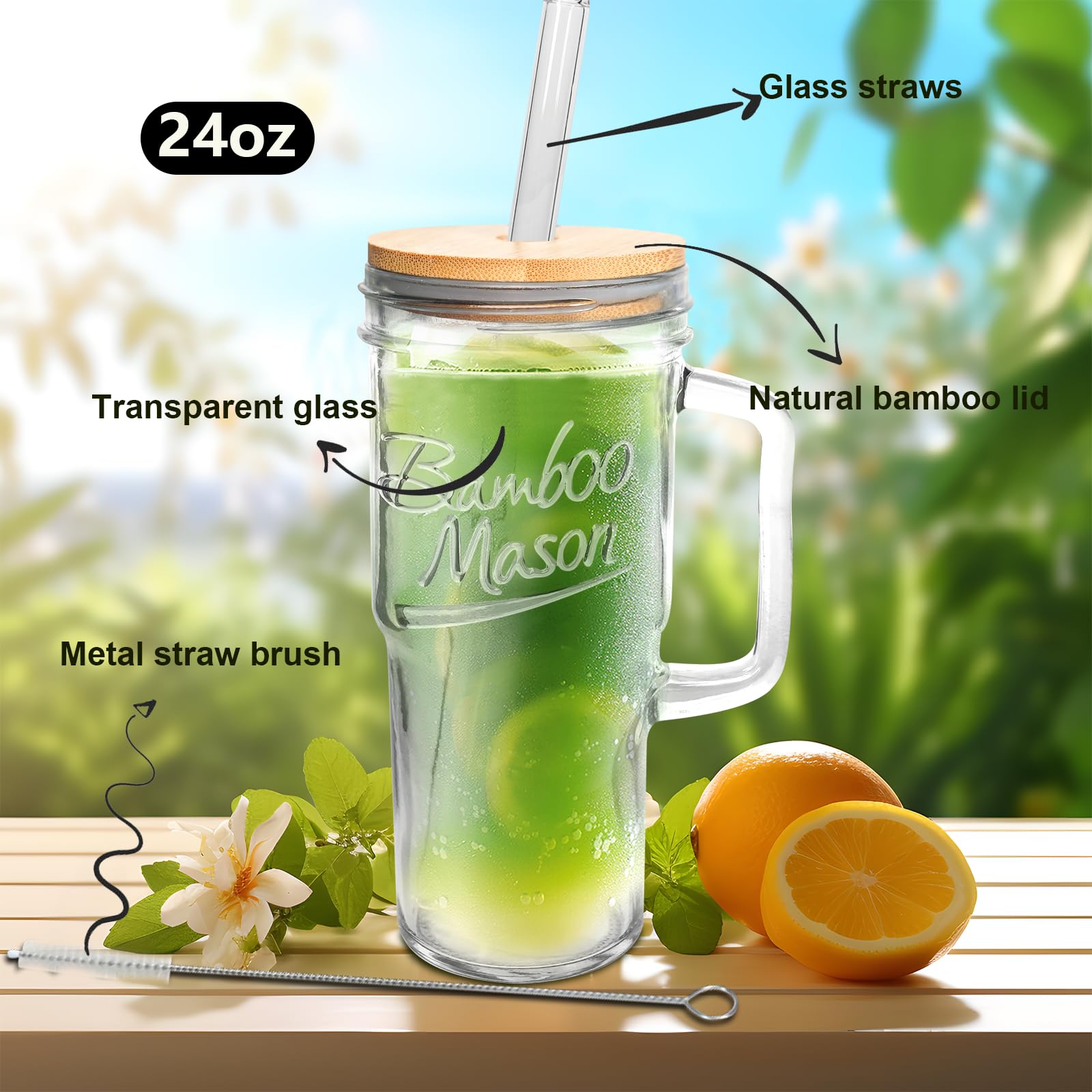 ANOTION Glass Cups with Lids and Straws - 40 Oz Tumbler with Handle and Straw Glass Water Bottles Drinking Glasses with Straws Iced Coffee Cups Travel Coffee Mug Smoothie Tumbler