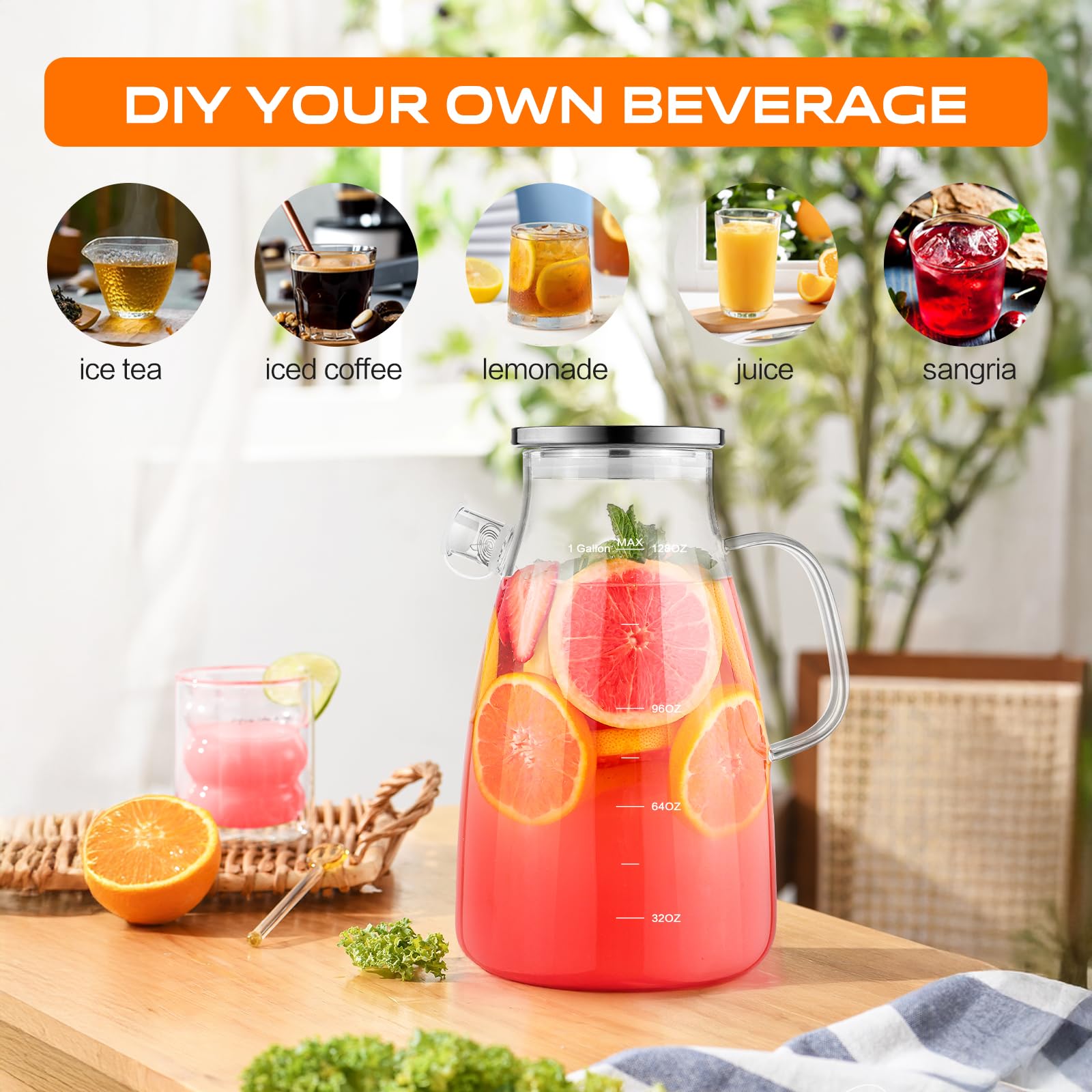 1 Gallon 128oz Glass Pitcher, Water Pitcher with Lid and Spout, Glass Carafe for Hot/Cold Drink, Water Jug for Iced Tea, Coffee, Juice, Milk, Beverage (Extra-Wide Mouth)