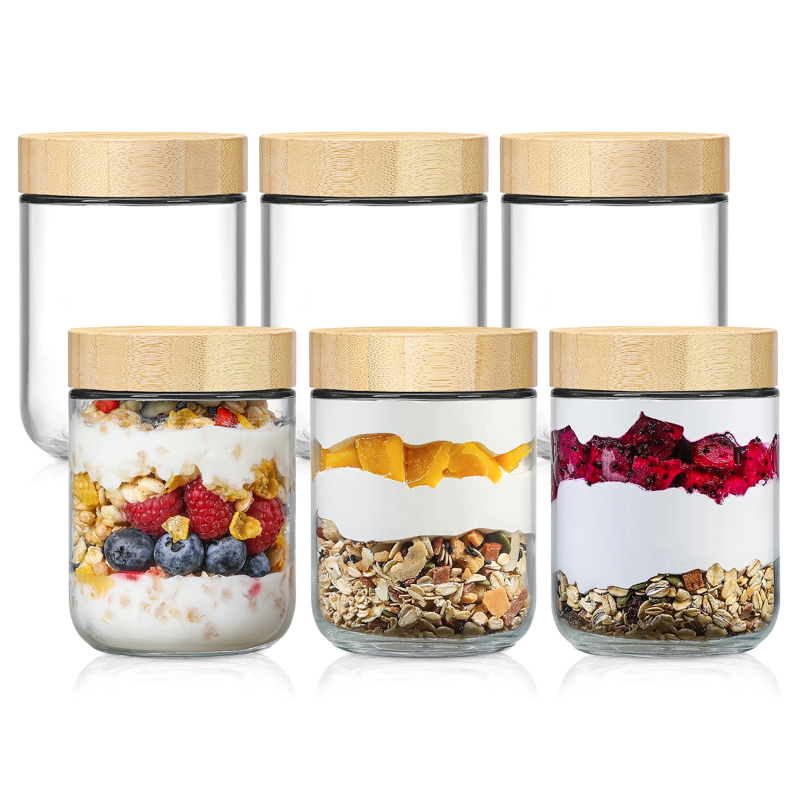NETANY 4-pack 16oz Glass jars with Airtight Lids, Overnight Oats Containers with Bamboo Lids, Wide mouth Mason Salad jars, Glass Food Storage Containers for Snacks Yogurt Spice Sugar