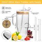 ANOTION Glass Cups with Lids and Straws - 40 Oz Tumbler with Handle and Straw Glass Water Bottles Drinking Glasses with Straws Iced Coffee Cups Travel Coffee Mug Smoothie Tumbler