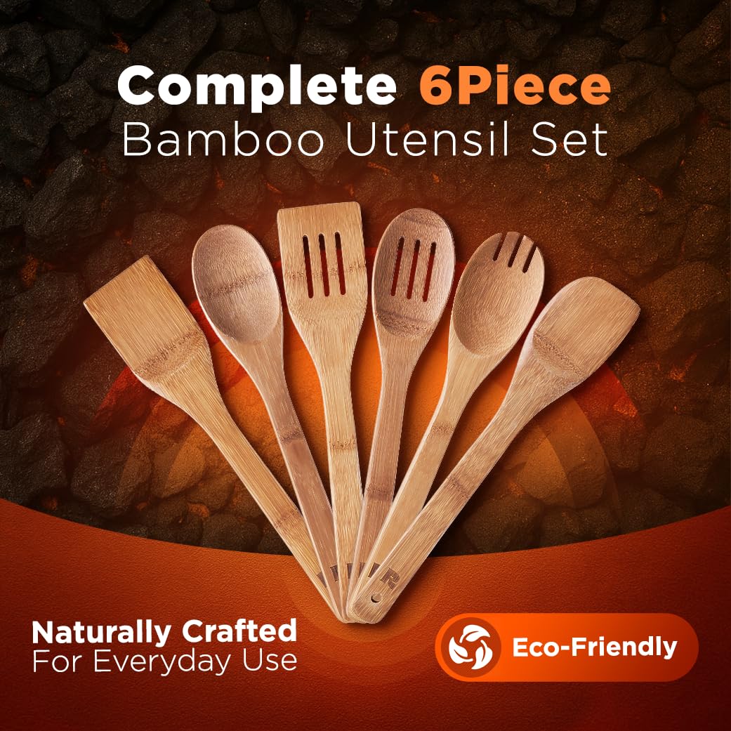 Riveira Premium Brown Bamboo Wooden Spoons for Cooking Set of 9 – Premium Brown Bamboo Wooden Cooking Utensils, Wooden Spatula, Wooden Spoon - Premium Quality Wooden Utensil Set for Non-Toxic Cooking