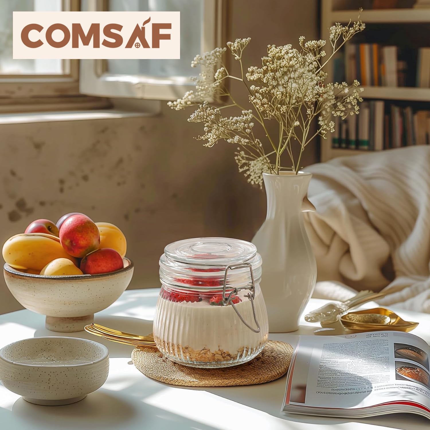 ComSaf Airtight Glass Jars with Lids 17oz Small Food Storage Container Set of 6 - Airtight Canister with Clear Preserving Seal Wire Clip Fastening for Kitchen Canning Pickling Mason jars