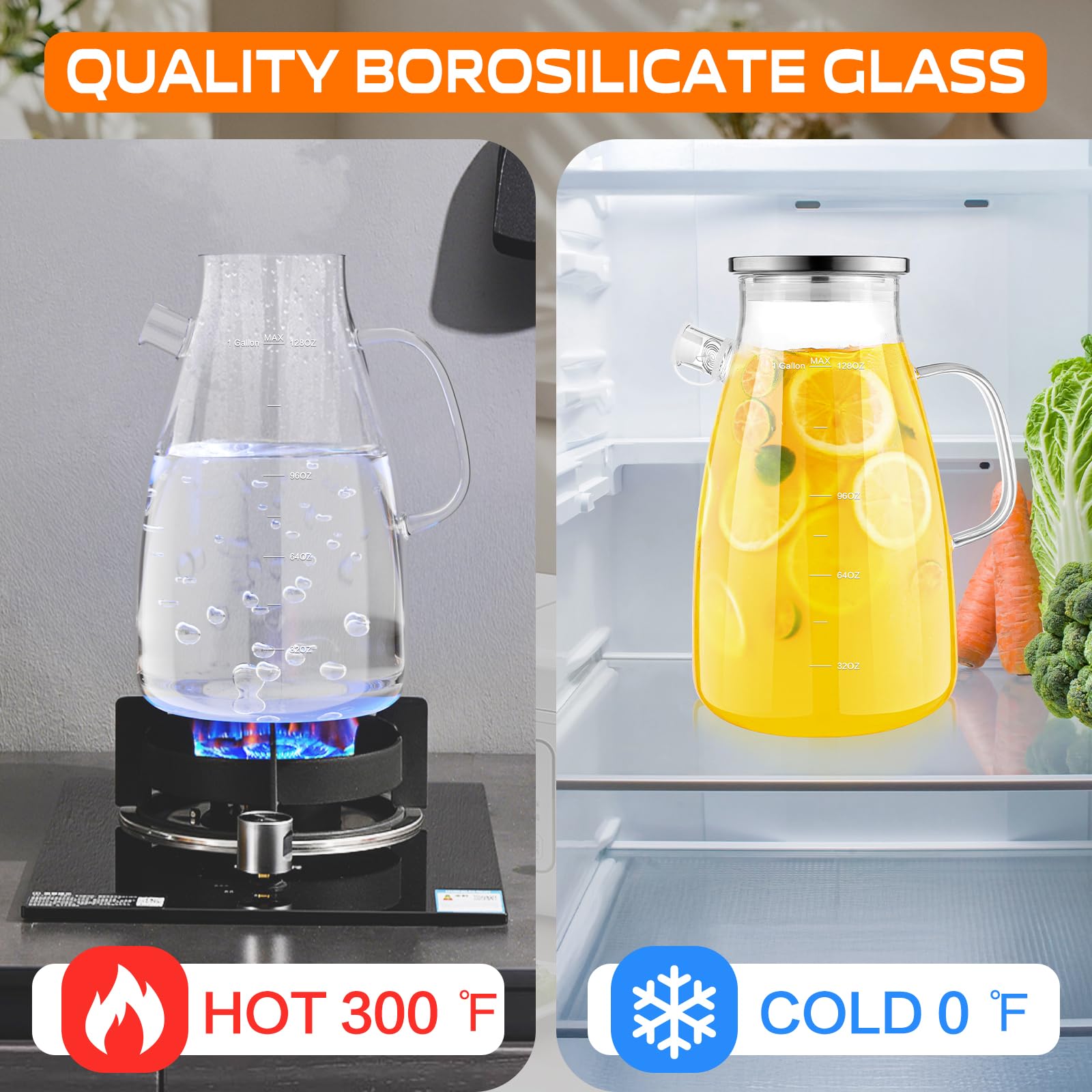 1 Gallon 128oz Glass Pitcher, Water Pitcher with Lid and Spout, Glass Carafe for Hot/Cold Drink, Water Jug for Iced Tea, Coffee, Juice, Milk, Beverage (Extra-Wide Mouth)