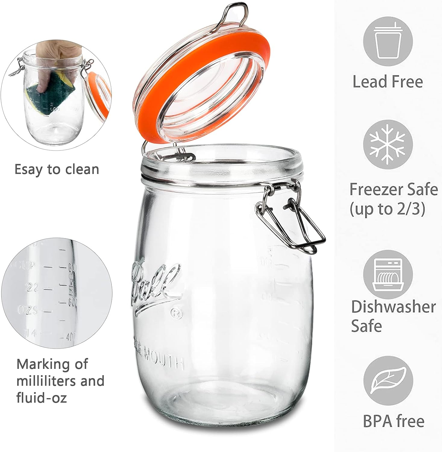 Wide Mouth Glass Jars with Airtight Lid 32OZ 4 Pack, Kitchen Storage Large Clear Canister Jars with Hinged Lid with Measurement Marks For Canning,Coffee,Flour,Sugar,Beans