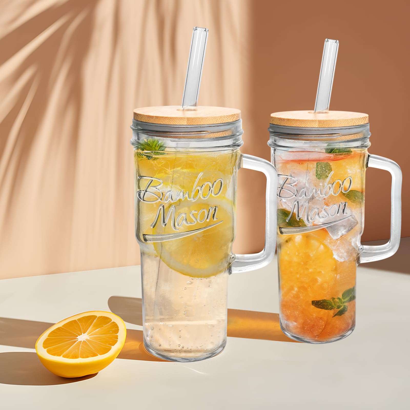 ANOTION Glass Cups with Lids and Straws - 40 Oz Tumbler with Handle and Straw Glass Water Bottles Drinking Glasses with Straws Iced Coffee Cups Travel Coffee Mug Smoothie Tumbler