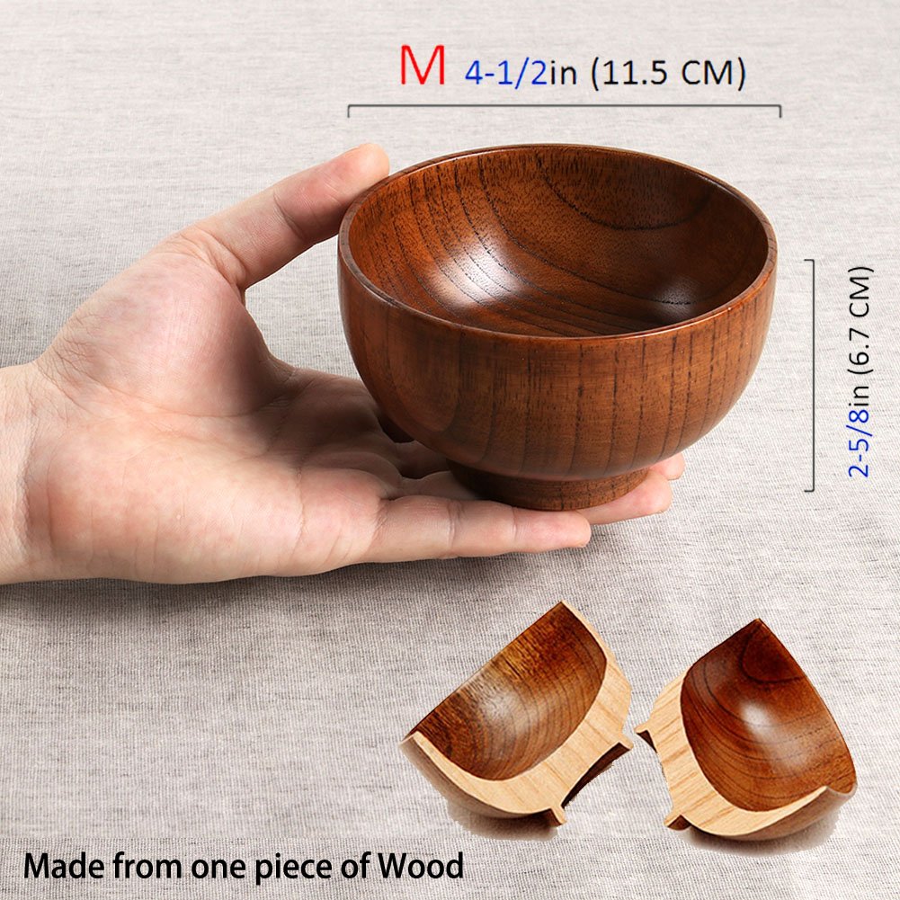 Handmade Wood Bowl, Mug, for Rice, Soup, Dip, Coffee, Tea, Decoration (4PCS Jujube Bowls, M: 4.5'' Dia x 2.6'' High)
