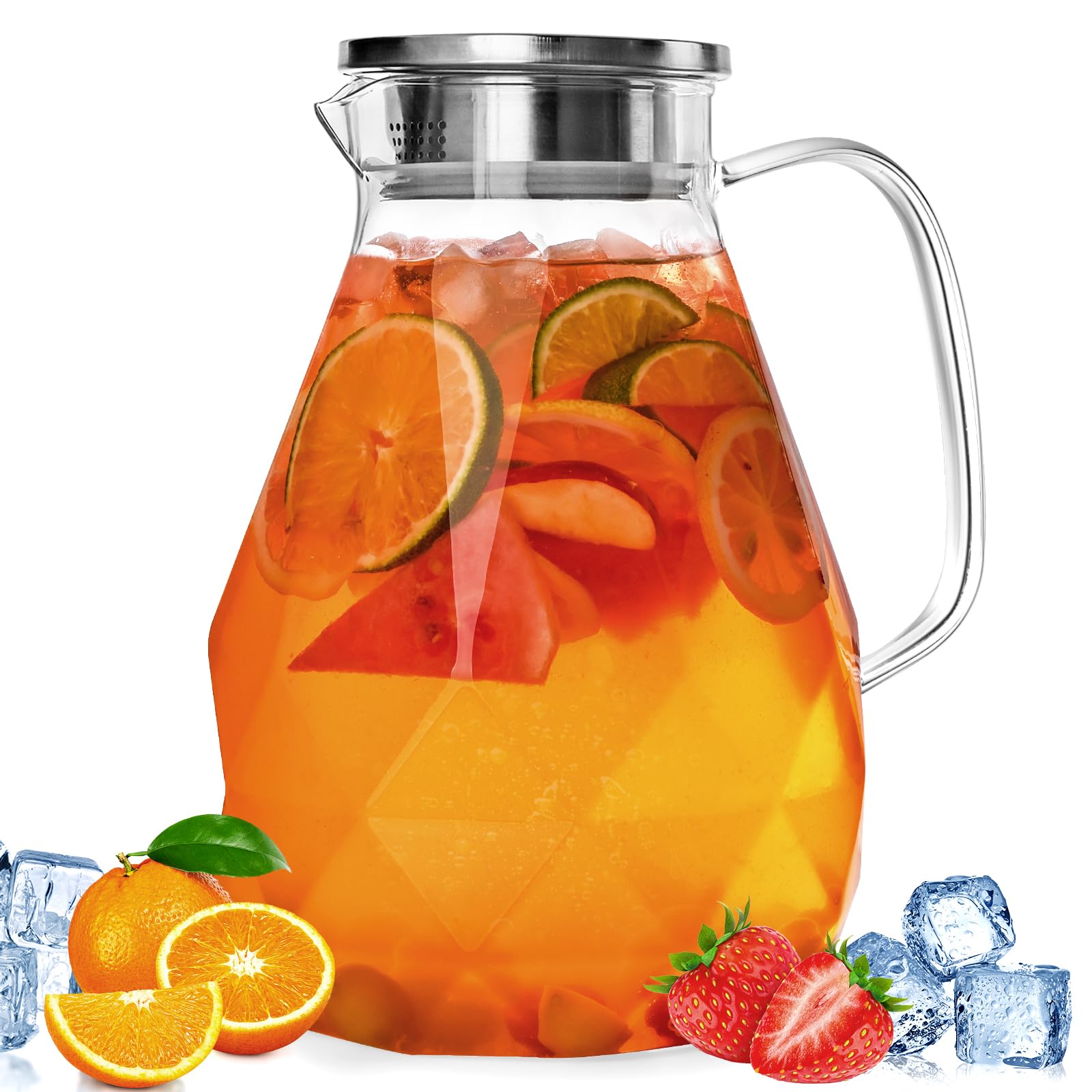 Set of 2 Glass Pitcher with Lid,2 Quart (64 oz / 1.9 Liter) Leak Proof,Glass Water Jugs, BPA-Free,Microwave & Dishwasher Safe Pitcher,Sun & Iced Tea, Sangria,Cold Brew Coffee & More