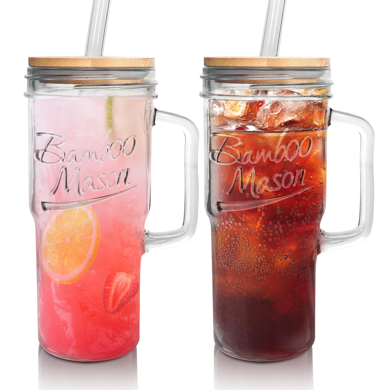 ANOTION Glass Cups with Lids and Straws - 40 Oz Tumbler with Handle and Straw Glass Water Bottles Drinking Glasses with Straws Iced Coffee Cups Travel Coffee Mug Smoothie Tumbler