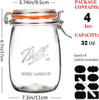 Wide Mouth Glass Jars with Airtight Lid 32OZ 4 Pack, Kitchen Storage Large Clear Canister Jars with Hinged Lid with Measurement Marks For Canning,Coffee,Flour,Sugar,Beans