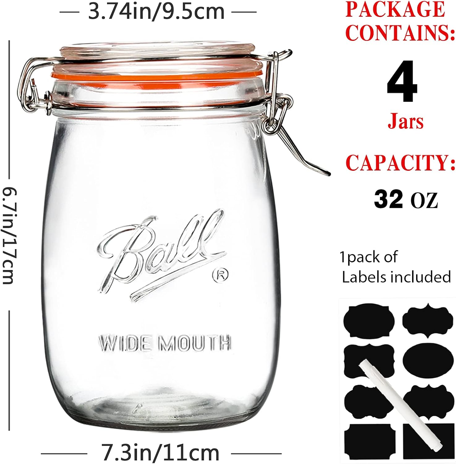 Wide Mouth Glass Jars with Airtight Lid 32OZ 4 Pack, Kitchen Storage Large Clear Canister Jars with Hinged Lid with Measurement Marks For Canning,Coffee,Flour,Sugar,Beans