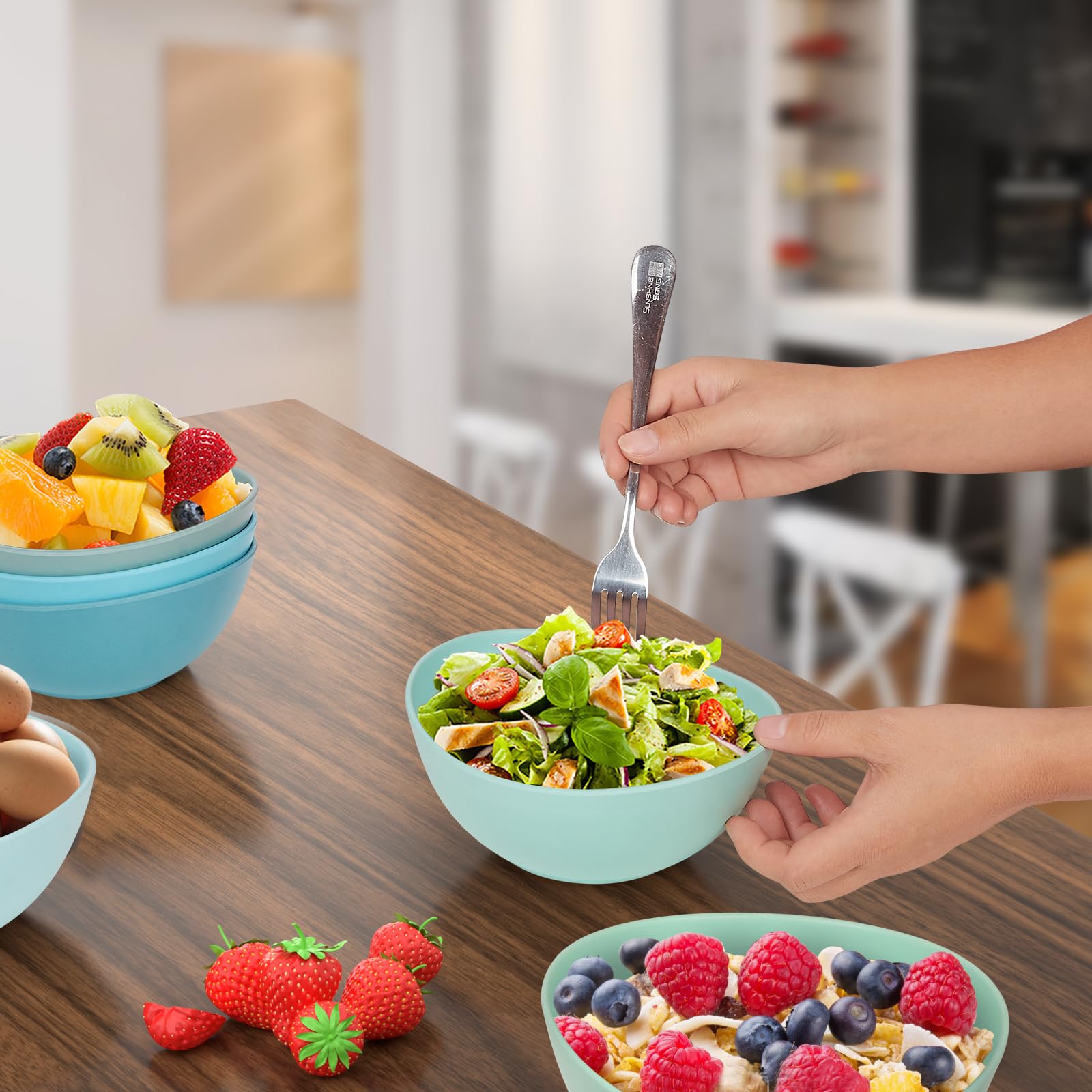 9.6'' Serving Bowls, 84oz Bamboo Fiber Salad Bowl Set of 4, Deep Serving Bowls Set, Large Oval Individual Bowls for Eating Salad/Pasta/Cereal/Pho, Ideal for Home & Restaurant (Matte White)