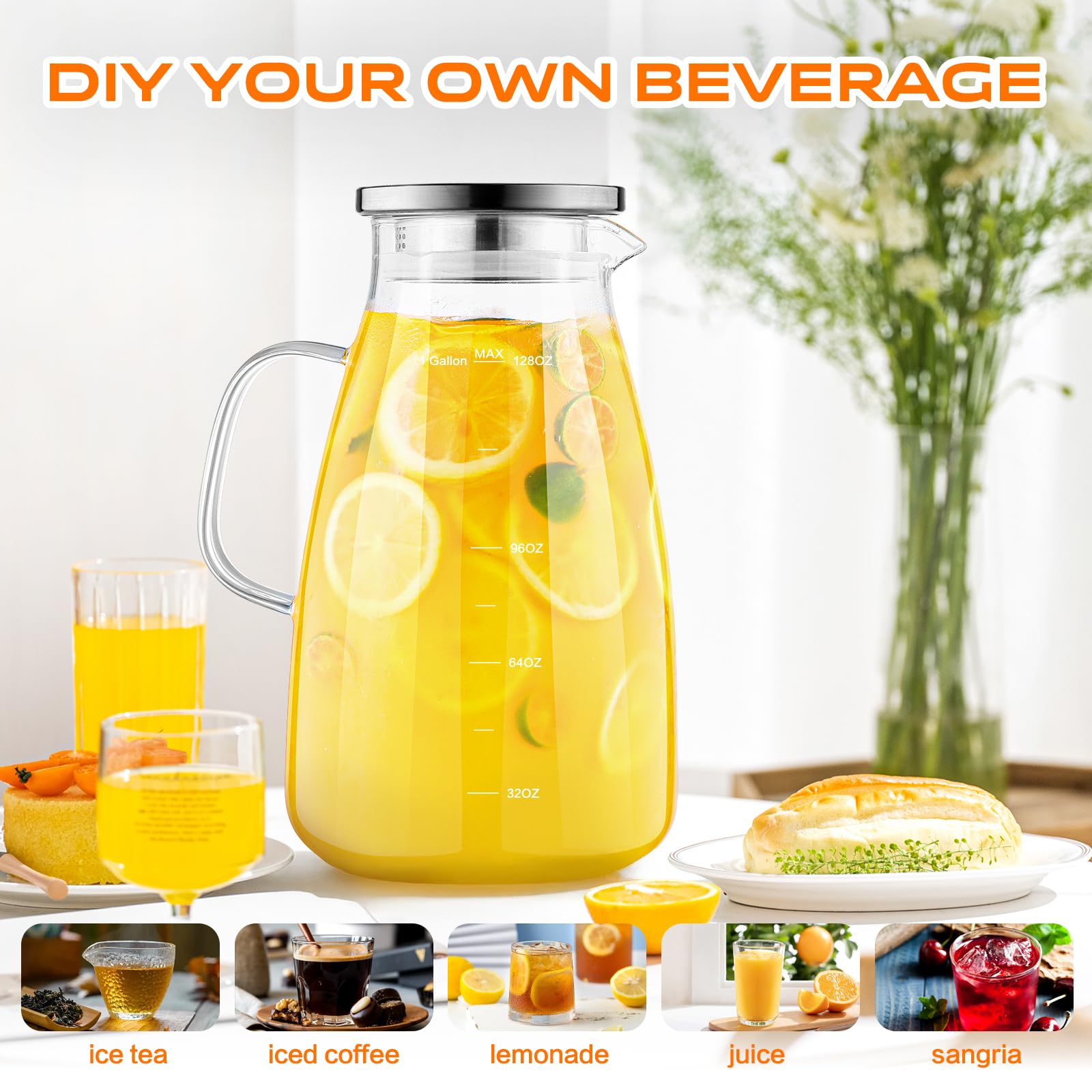 1 Gallon 128oz Glass Pitcher, Water Pitcher with Lid and Spout, Glass Carafe for Hot/Cold Drink, Water Jug for Iced Tea, Coffee, Juice, Milk, Beverage (Extra-Wide Mouth)