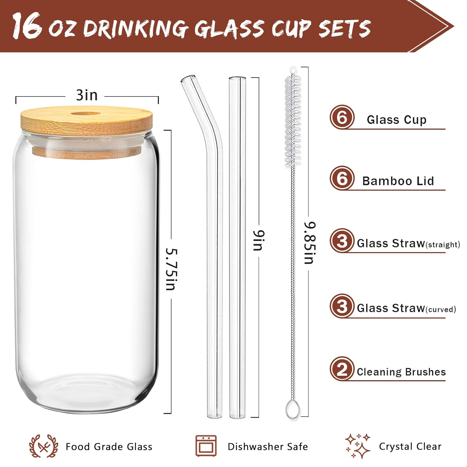 16 Oz Drinking Glasses with Bamboo Lids and Glass Straw - 8 Pcs Glass Cups Beer Ice Coffee Glasses Cute Aesthetic Cup Great for Coffee Bar Accessories Include 2 Cleaning Brushes