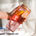 ANOTION Glass Cups with Lids and Straws - 40 Oz Tumbler with Handle and Straw Glass Water Bottles Drinking Glasses with Straws Iced Coffee Cups Travel Coffee Mug Smoothie Tumbler