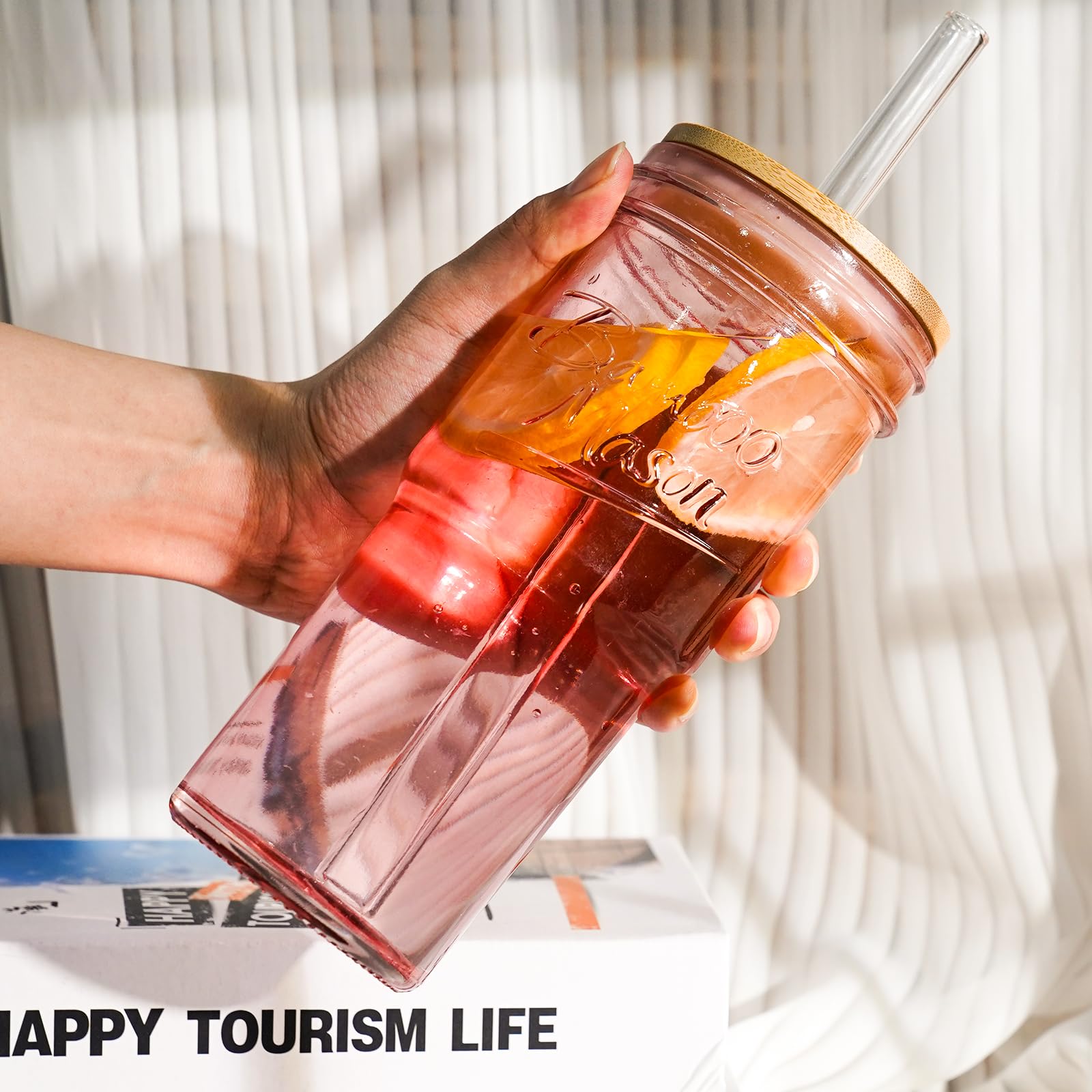 ANOTION Glass Cups with Lids and Straws - 40 Oz Tumbler with Handle and Straw Glass Water Bottles Drinking Glasses with Straws Iced Coffee Cups Travel Coffee Mug Smoothie Tumbler