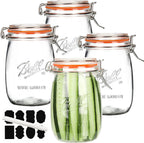 Wide Mouth Glass Jars with Airtight Lid 32OZ 4 Pack, Kitchen Storage Large Clear Canister Jars with Hinged Lid with Measurement Marks For Canning,Coffee,Flour,Sugar,Beans