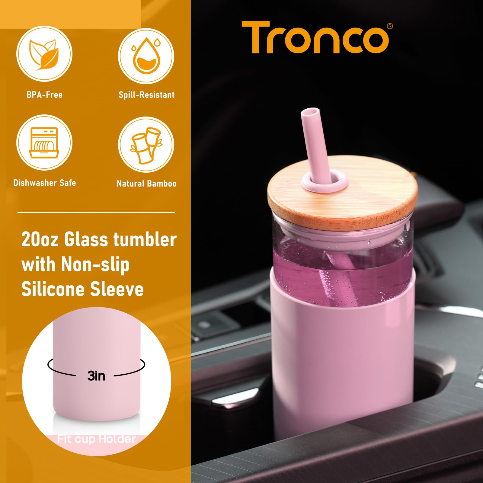 Tronco 20 oz Glass Tumbler with Lid and Straw, Iced Coffee Cup and Smoothie Cup with Bamboo Lids & Protective Silicone Sleeve, Dishwasher Safe, BPA-Free, Glass Cup 1 Pack