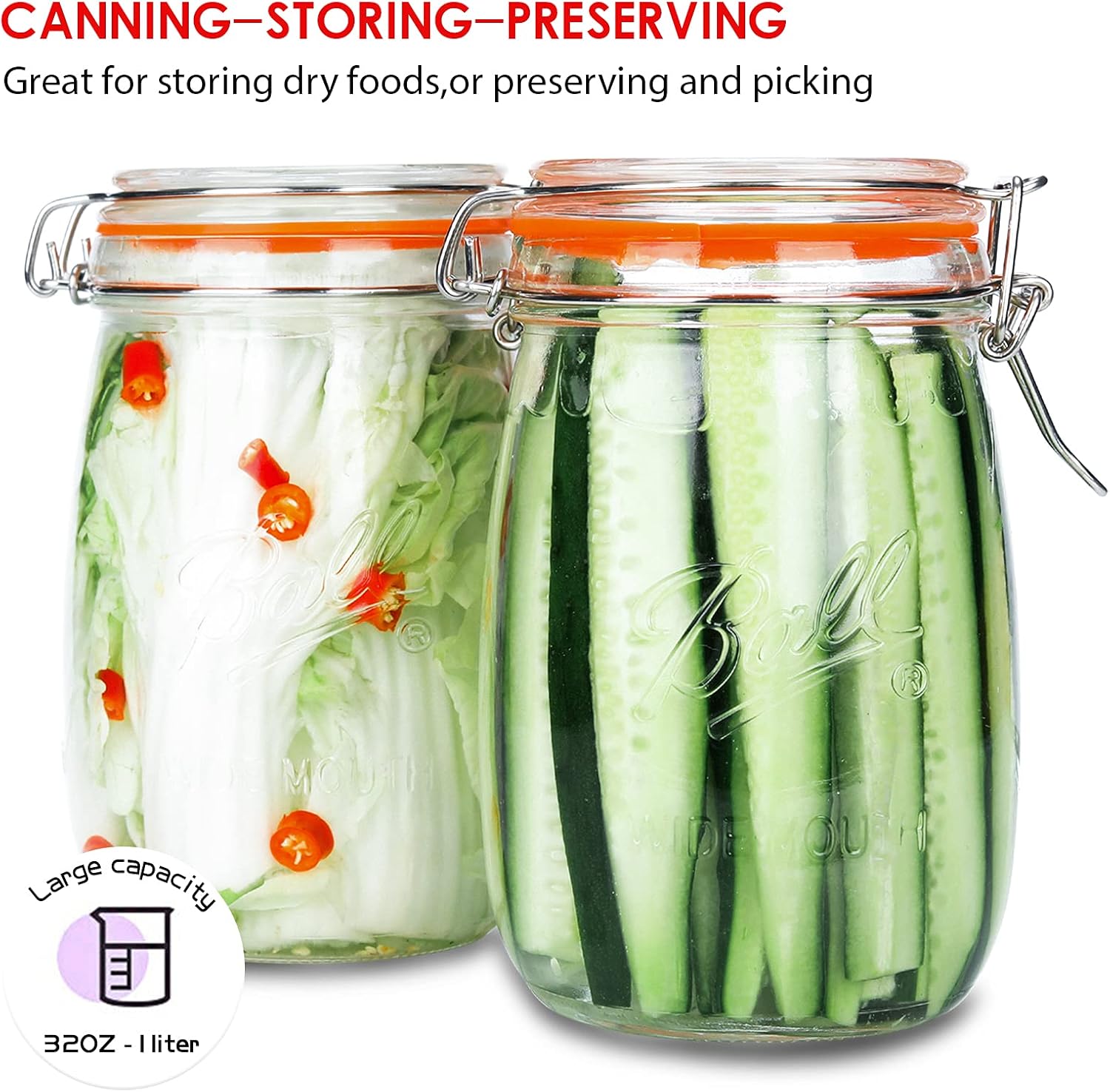 Wide Mouth Glass Jars with Airtight Lid 32OZ 4 Pack, Kitchen Storage Large Clear Canister Jars with Hinged Lid with Measurement Marks For Canning,Coffee,Flour,Sugar,Beans