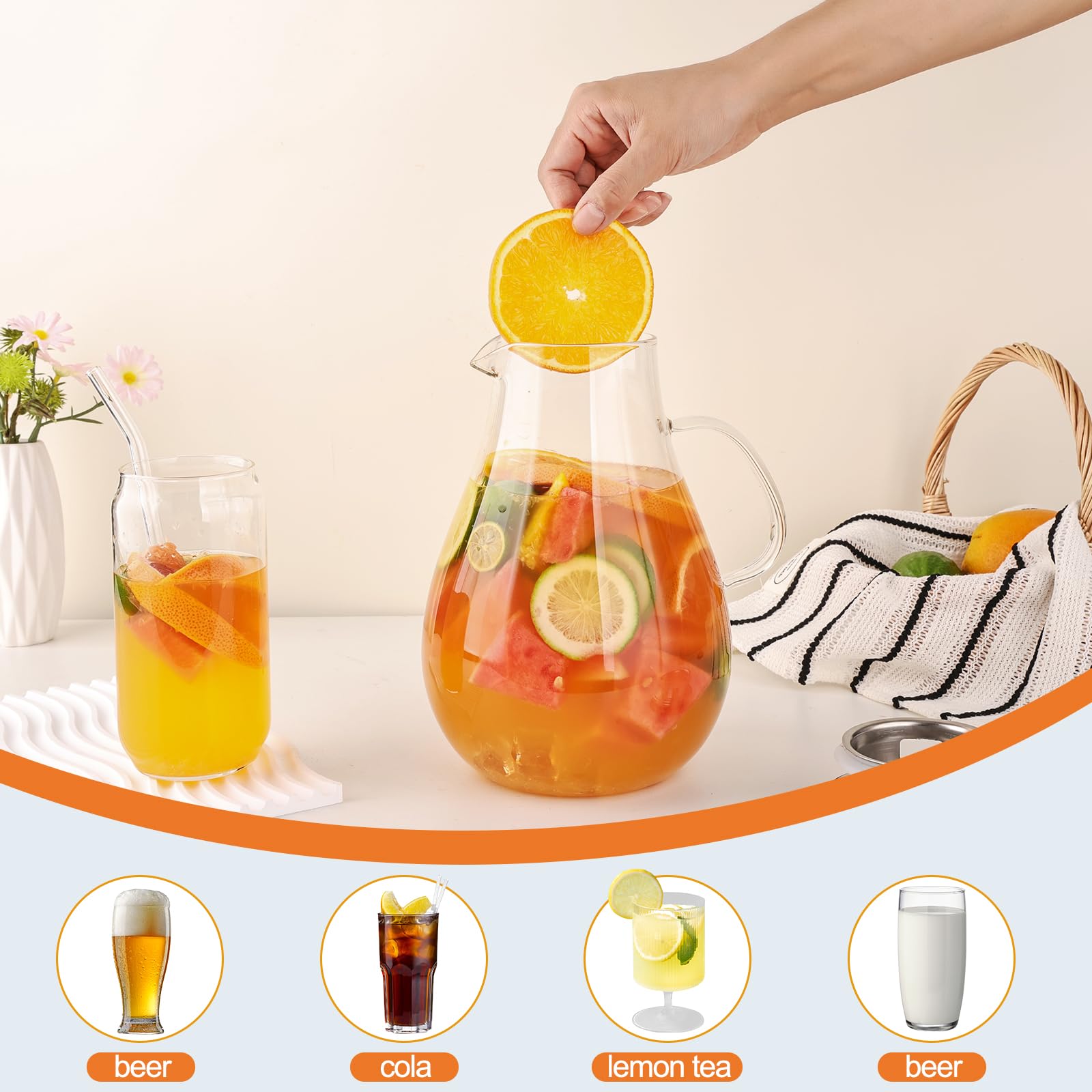 Set of 2 Glass Pitcher with Lid,2 Quart (64 oz / 1.9 Liter) Leak Proof,Glass Water Jugs, BPA-Free,Microwave & Dishwasher Safe Pitcher,Sun & Iced Tea, Sangria,Cold Brew Coffee & More