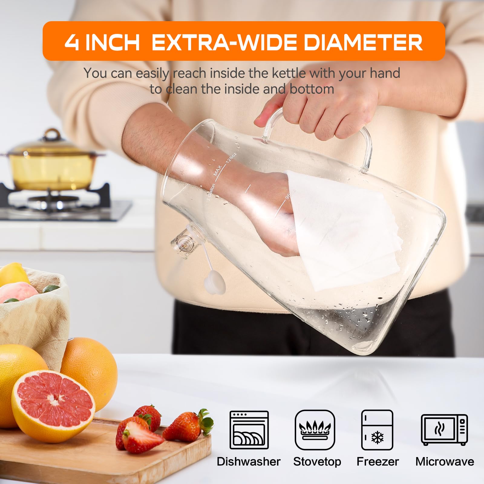 1 Gallon 128oz Glass Pitcher, Water Pitcher with Lid and Spout, Glass Carafe for Hot/Cold Drink, Water Jug for Iced Tea, Coffee, Juice, Milk, Beverage (Extra-Wide Mouth)